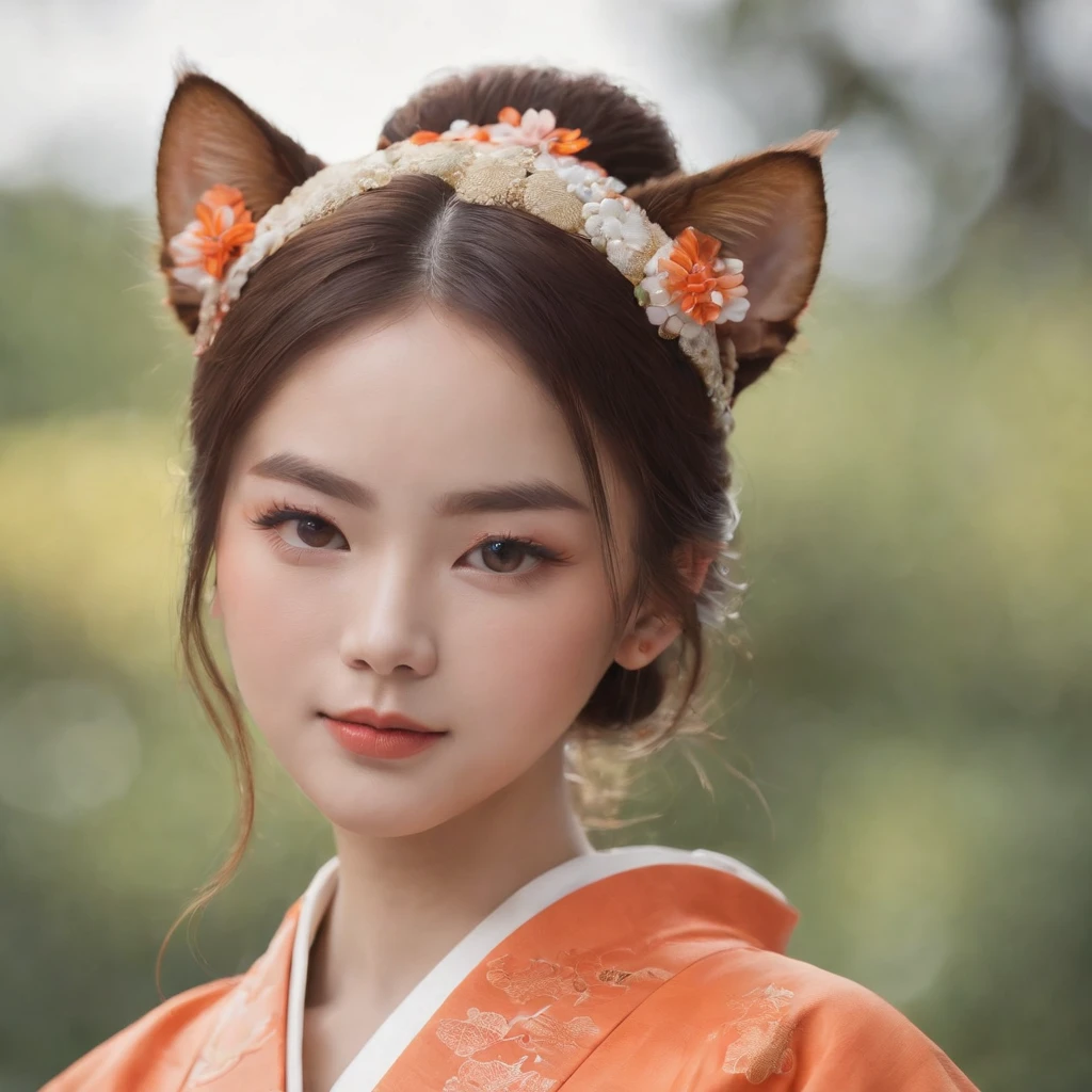 18 year old woman with Japan kimono、Wearing orange cat and light makeup on the chest、Perfect facial features、dual、Super beauty、A detailed face、Detailed 、
