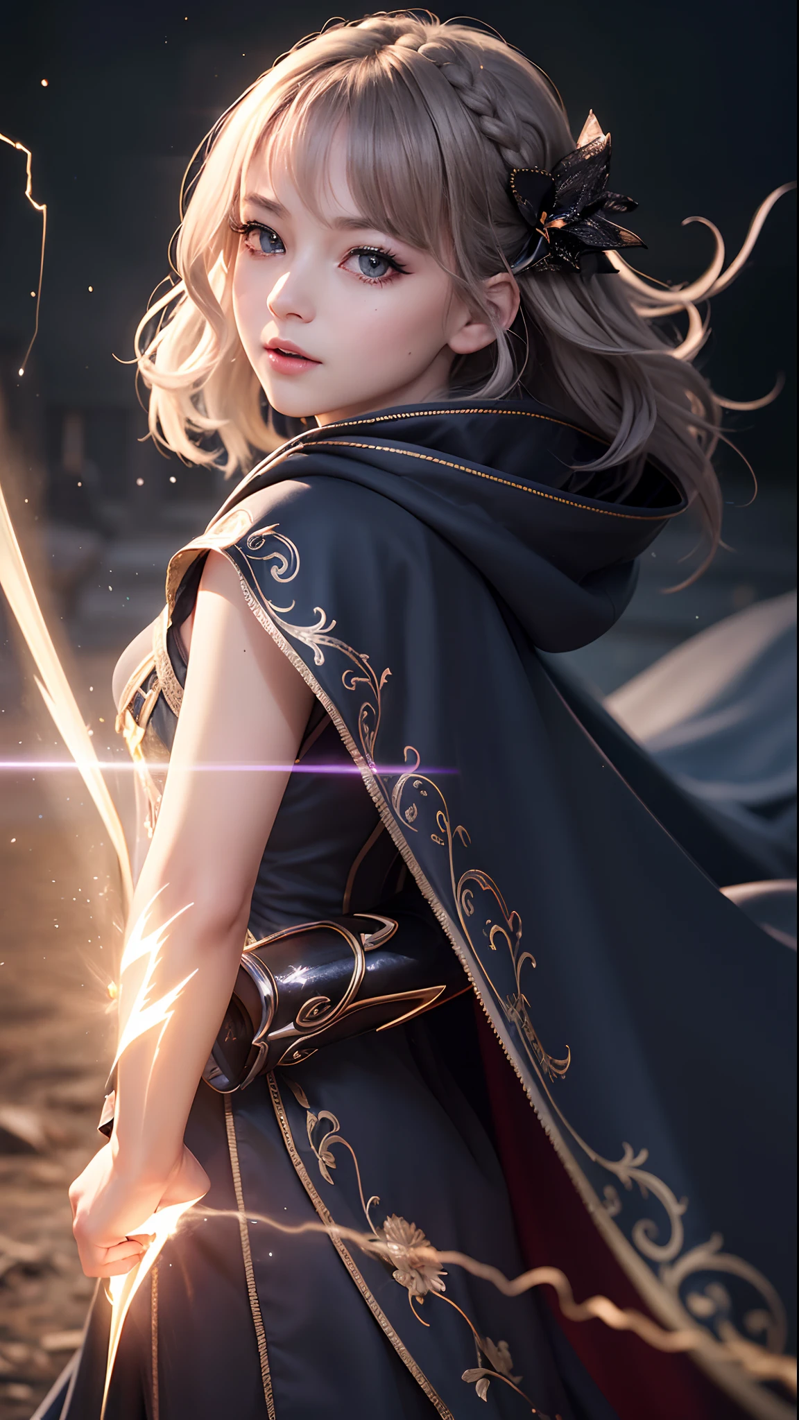 (Skindentation:1.5)、reallistic、Photorealsitic、(masuter piece:1.5)、Concept art、intricate-detail、A highly detailed、Photorealsitic、Octane Rendering、8K、Unreal Engine、Dynamic Pause、top-quality、hight resolution、(Lifelike face:1.1)、 (surrealistic:1.1)、perfect eyes、(shinny skin:1.2)、(((hairstyle on)))、(((perfect hand)))、(highly detailed back ground)、((Moving background) )、((Lightning))、(llight rays)、((1girl in))、I'm wearing a cloak、(((flowing cloak)))、((finely eye、quality eyes、Quality face))、(extremely intricate robes、magical robe)、short-hair、Lightning、electricity、swirling fire、radiating power、spark of light、fumo、magia、((Dramatic))、epicd、battle field、depth of fields、Bokeh、4K、gothic lorita、embers、Particle、Cute、A sexy、dynamic ungle、High precision finger、f lare、presence、hair adornments、Vivid、Contrasty、Spark、Holding a glowing bow and arrow、Fantastical、undergarment、Ren Hao、cowboy shot、
