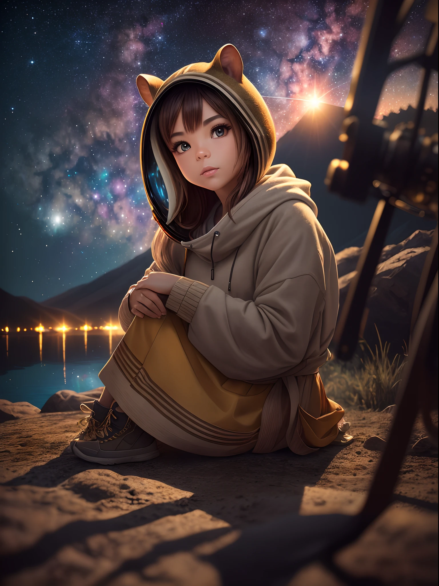 A wide angle fullbody award winning studio photo portrait masterpiece illustration of worlds collide ((A God as a chipmunk sit by the lake and looking at distant universe at night time in alien world)),colorful swirls galaxies and stars,  posed,materials,golden hour, perfect composition,artstation,epic, artistic photography, chiaroscuro, trending on artstation, sharp focus, studio photo, intricate details,inking, highly detailed,octaine render,light trace, RAW photo,105mm professional photgraphy,(high detailed skin:1.2), 8k uhd, dslr, soft lighting, high quality, film grain, Fujifilm XT3 --auto --s2