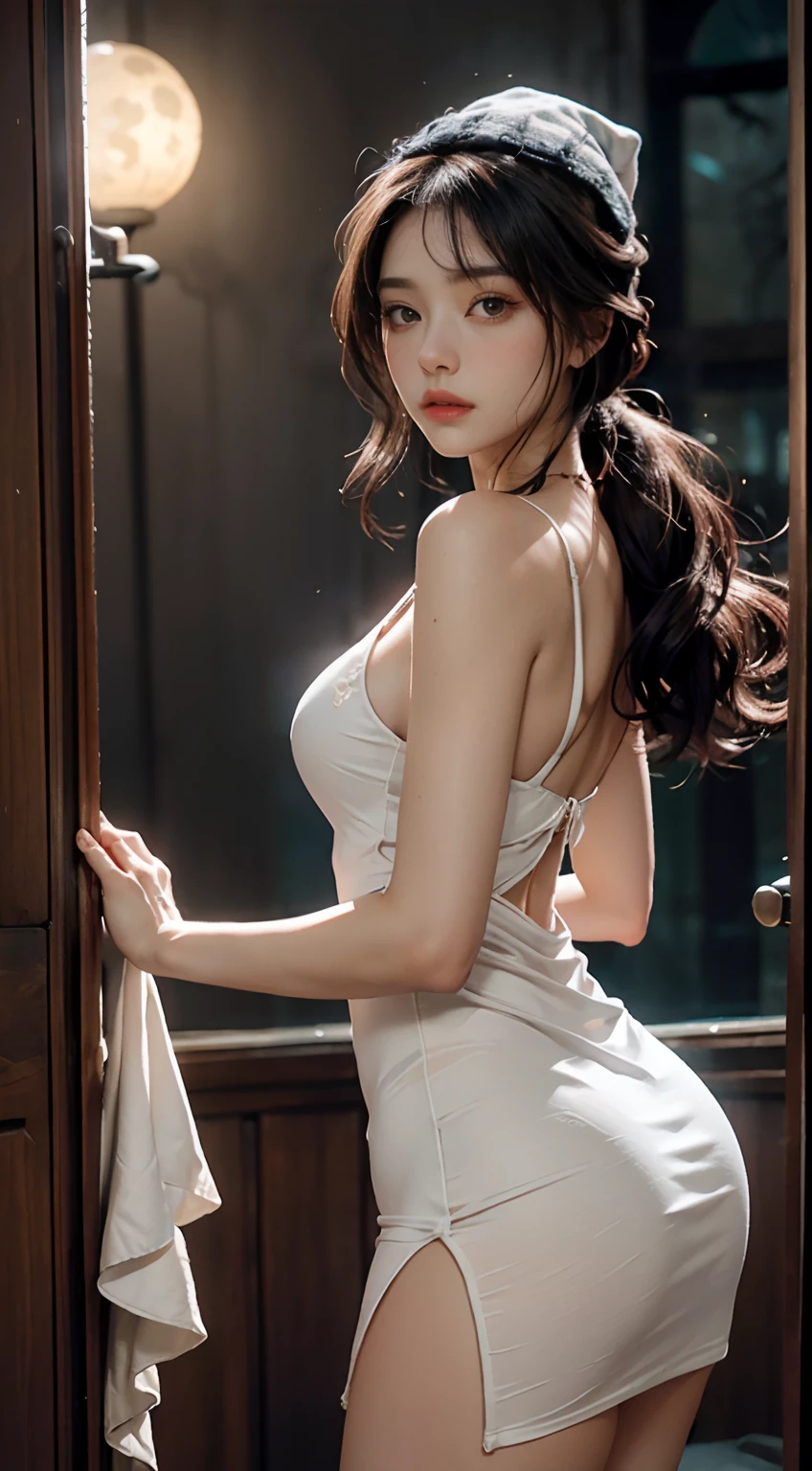 El arte es、Decorado con patrones intrincados y colores apagados,、Vestido oriental tradicional con seda fluida、Representa a una mujer atractiva vestida de seda blanca。Her dress draped elegantly over her curvaceous figure、Destaca su seductora silueta。Luz de llanta, Luz lateral,、Ella se sienta con gracia en una tranquila noche de luna、I was bathed in the soft light of the moonlight.。La escena es、Con un toque misterioso y sexy、It exudes an ethereal dreamy atmosphere。fotorrealista, cinematic lighting、Evoca una belleza y encanto refinados。The lights are filled with soft moonlight、Proyectando suaves luces y sombras en sus encantadoras facciones。(muslos desnudos)、Wear a short translucent tight dress、un pecho grande、Rasgos faciales tridimensionales、sentado en、Piernas hacia arriba、４ｋ、８ｋ、Raw photography、La mejor calidad、(cabello rizado en trenzas negras y largas、bien１)、high resolusion、Fotos de alta calidad、intrincado、(breast exposure、Cleavage small breasts)、pensive expression、Melancholy、(Con un vestido blanco y ultra corto、Ranura a un lado)、Tiros traseros、view from back、Vista completa de los pantalones