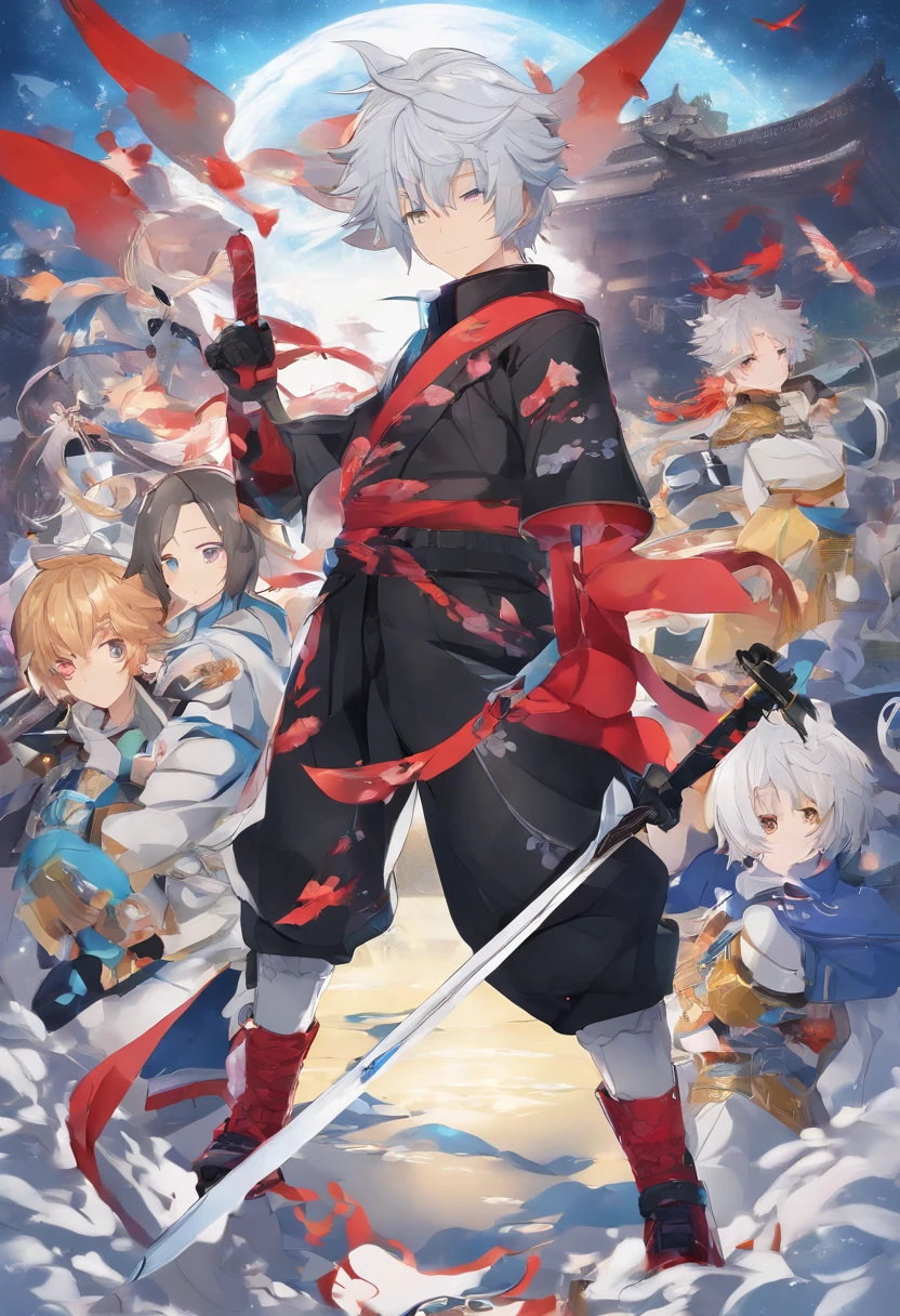 Create a genshin impact character drip marketing. He has a cryo and hydro vision on his hip from genshin impact. He is calm and collected. He wears a red scarf around his neck and a sweater all the time. He has yellow eyes and frost hair color, while holding a sword.