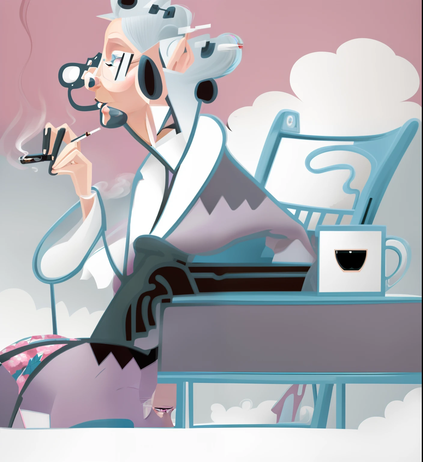 cartoon of a woman smoking a cigarette while sitting in a chair, old lady, grandma, smoking, harry volk clip art style, smoking woman, stylized digital illustration, elegant lady, older woman, an old lady, by senior artist, by Hugh Hughes, smokes, old woman, (smoke), full color illustration, cigar, by Allen Jones, by Harry Beckhoff