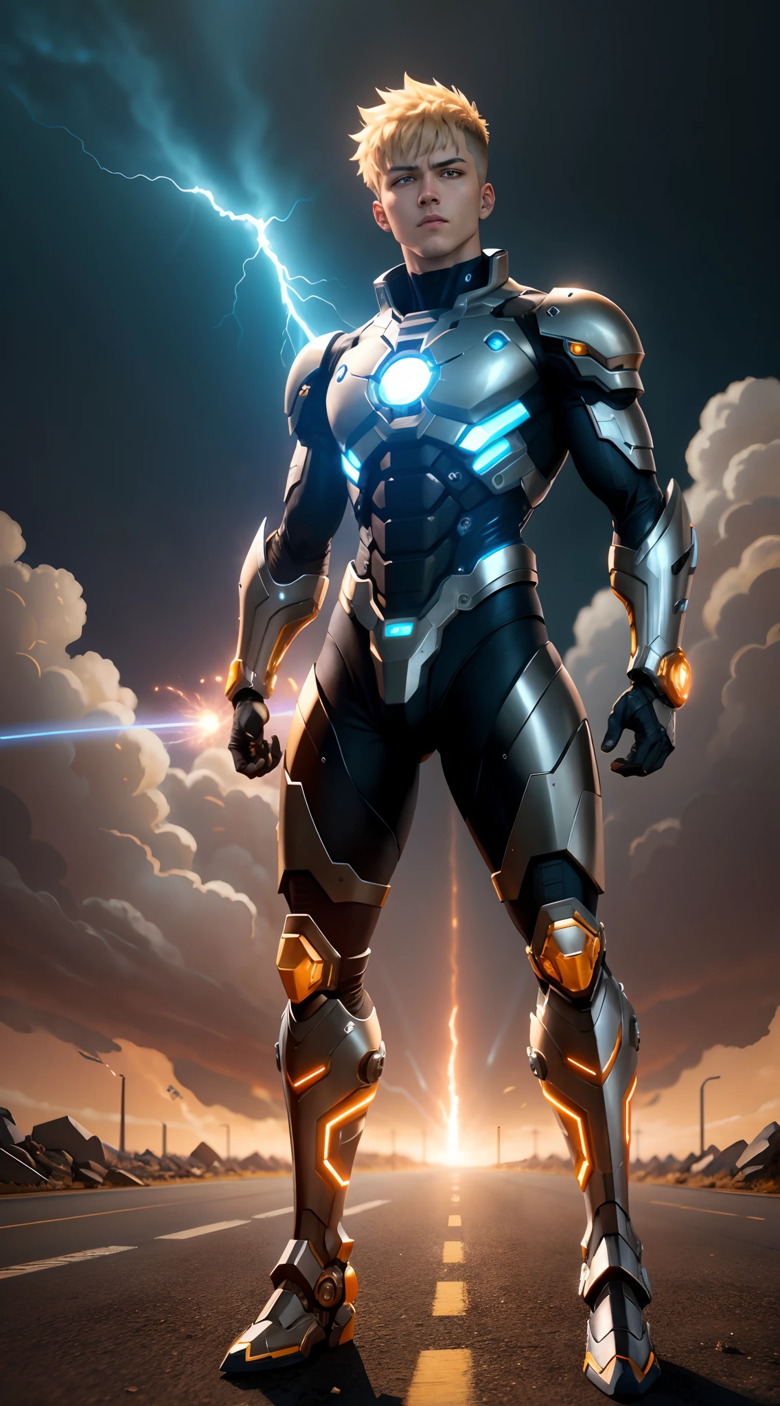 Full body of a person in cyborg mode, 1boy, anime character, undercut hair, Genos Combat mode, Genos from one punch man, shining eyes, epic batlle pose, dinamic lighting, orange and blue neon lightning, The body emits electric sparks, electrical particle, battlefield smoke electrical fire background, anime cyborg aesthetic, black and metalic gold armor cyborg, detailed key anime art, one punch man manga, highly detailed Cyborg, hyper realistic, (8k)