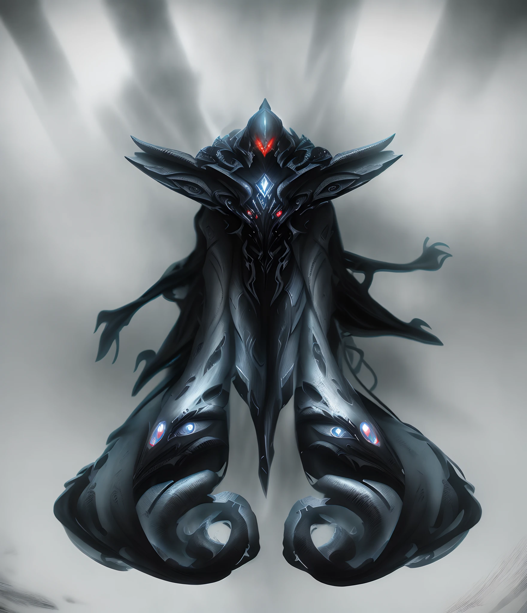 a black and white photo of a demonic creature with several wing-shaped eyes and a face of a monster in the middle of the bust, arte conceitual demon soul, rsrs, demon noble character design, Arte conceitual escura de alto contraste, symmetric concept art, fanart detalhada do warframe, fanart warframe de alta qualidade, conceito de corpo inteiro, simetria!! arte conceitual, arte infestada de warframe, hiper contraste bem desenhado, Fanart Warframe requintada, escala de cinza