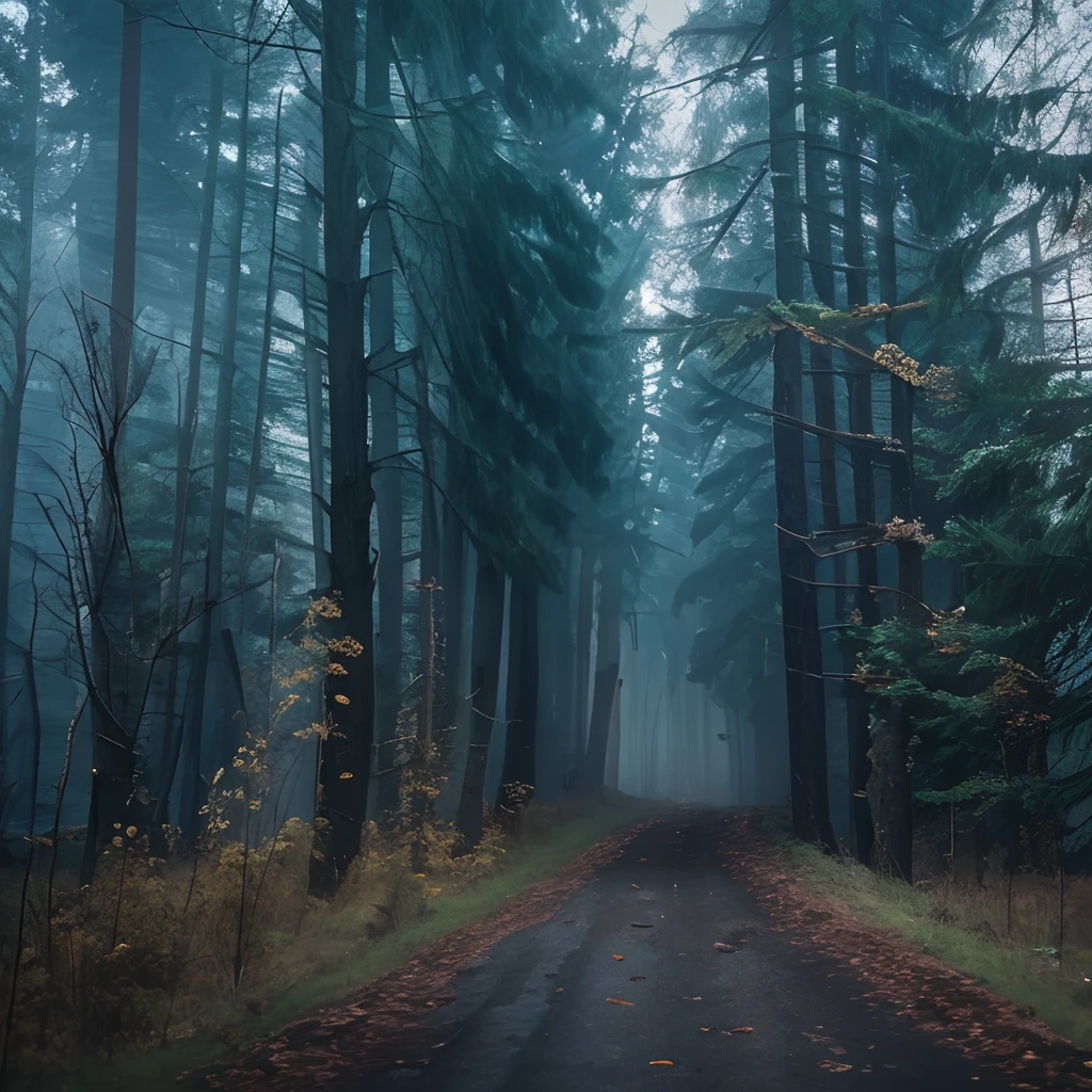 Horror, dark forest, black forest, fog, horror forest, dead trees, dying old grass, forgotten road