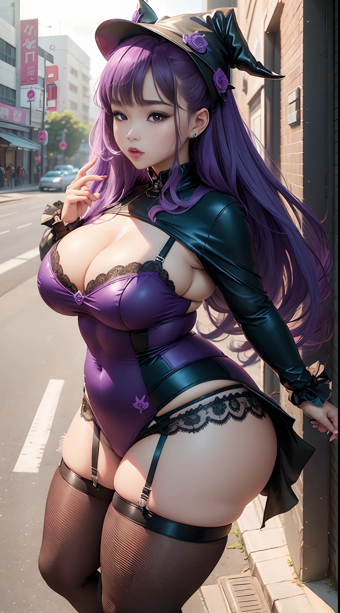 a beauty girl, korean idol,Erotic,bbw,cute little, extreme thick thighs, feminine,street background,dark purple witch costume,thong, walking