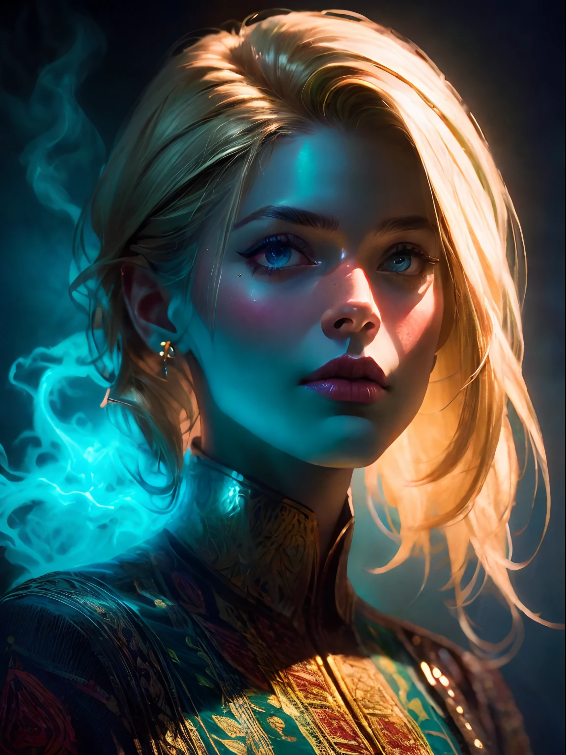 HighestQuali，tmasterpiece：1.2，Detailed details，Portrait by Jammeh Sauddyk, Canon 5D, Magazines, editorial, Full archival shooting, Photo realism, Anne Lebowitz, A supermodel with young blonde women all over, Realistic, Accurate, Green smoke from hair, Blue smoke background, Soft red and blue light, The whole body walks in the fog from head to toe, Super detailed, Photography