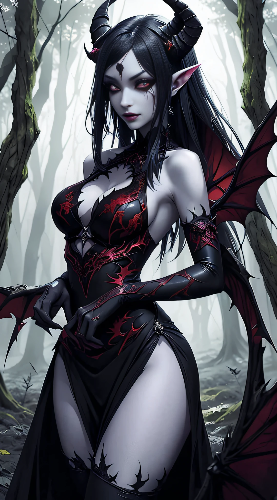 anime girl with horns and blood dress in a dark forest, beautiful succubus, demon anime girl, beautiful elegant demon queen, demon girl, dark fantasy style art, succubus in tight short dress, succubus | medieval, succubus, infernal nymph, infernal nymph!!!, dark fantasy art, lilith, detailed digital anime art, gothic maiden anime girl