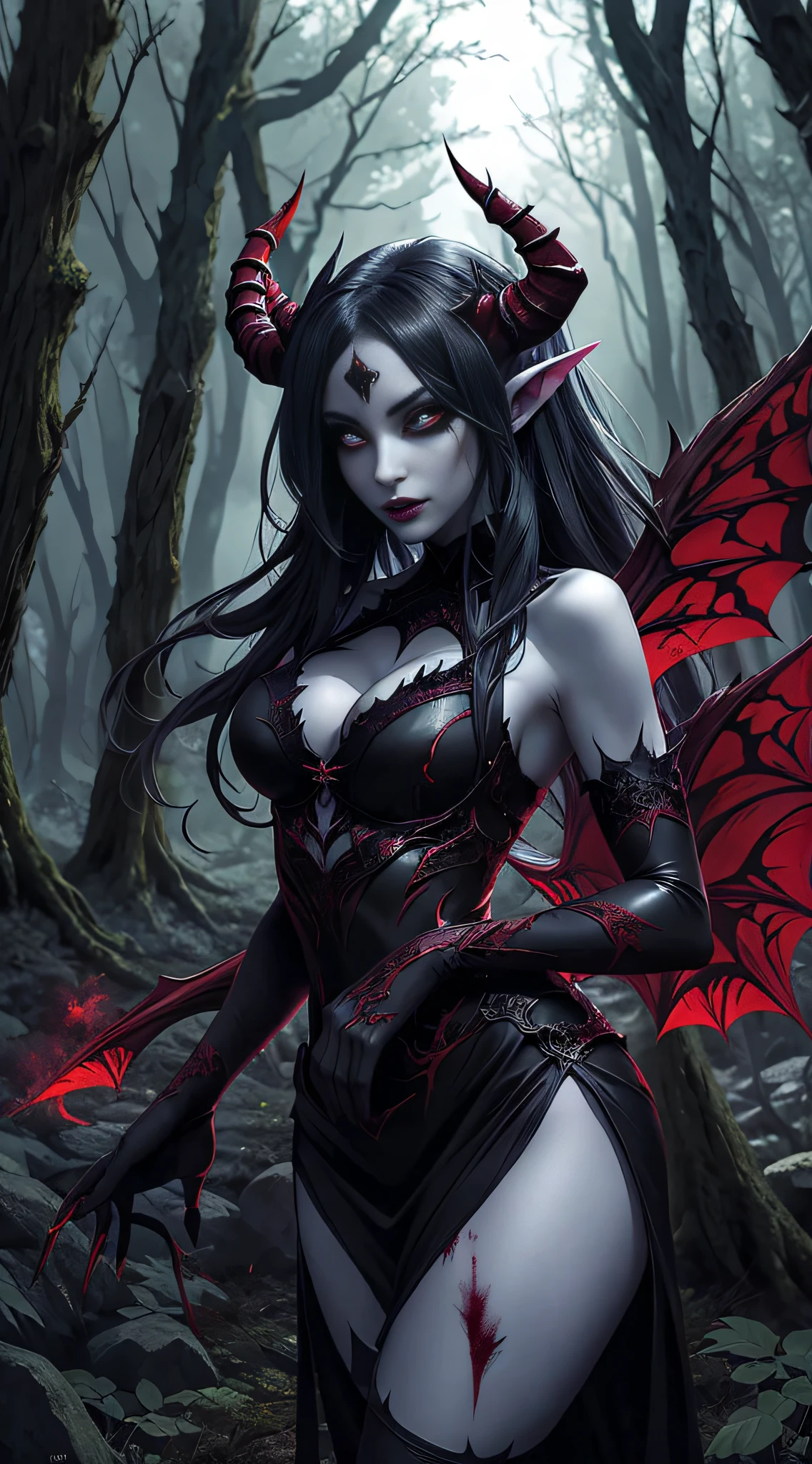 anime girl with horns and blood dress in a dark forest, beautiful succubus, demon anime girl, beautiful elegant demon queen, demon girl, dark fantasy style art, succubus in tight short dress, succubus | medieval, succubus, infernal nymph, infernal nymph!!!, dark fantasy art, lilith, detailed digital anime art, gothic maiden anime girl