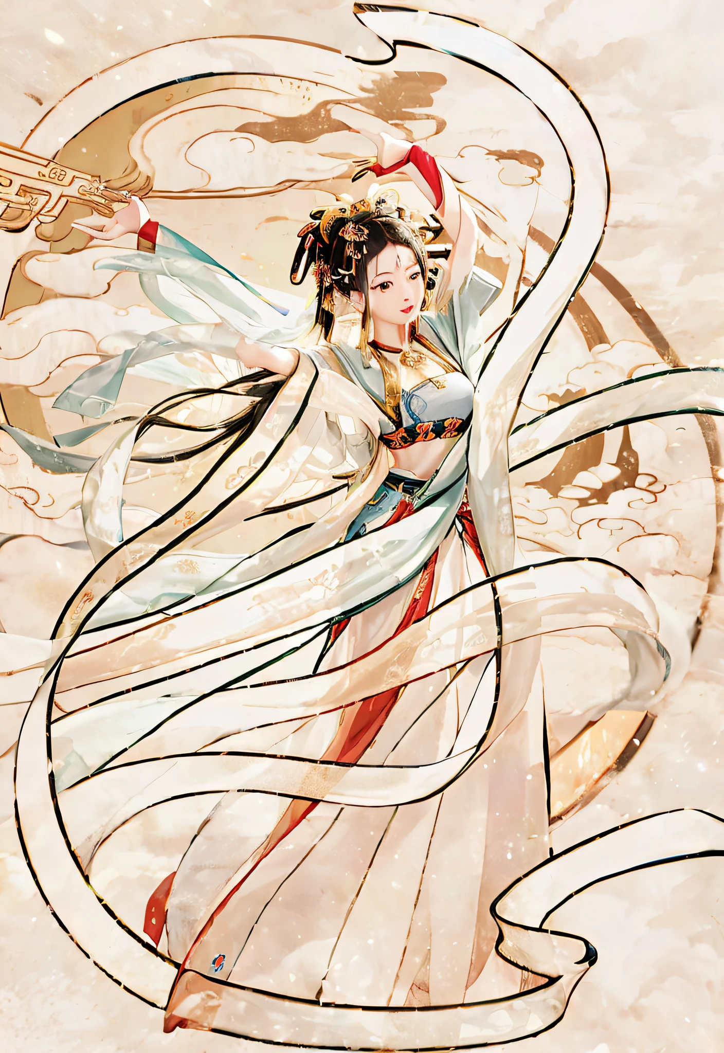 1girll, Solo, Chinese style,Black hair, Solo, Hanfu, jewelry, necklace, Black background, Chinese clothes, view the viewer, Long hair, Simple background, Long sleeves, hair adornments, Blue eyes, Shawl, sash, Red-lipped girl,Smooth and shiny porcelain skin,chinaware,Ancient Chinese porcelain style relief,Side lighting,Three-dimensional feeling,Blank background,3D figure blind box cartoon rendering,Streamere。Auspicious clouds。Dunhuang murals,