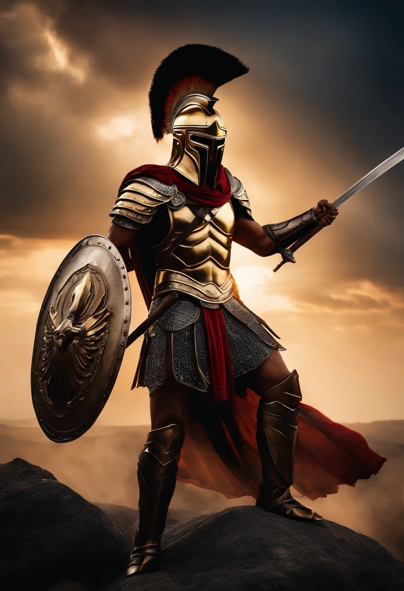 spartan warrior, fighting , stunning armor, black gold armor, epic, 8k