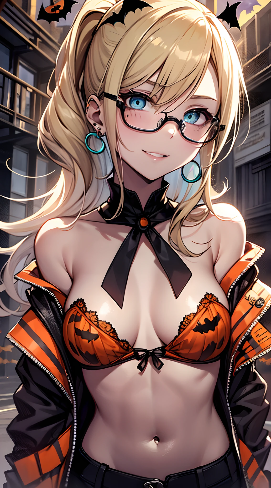 top-quality、Top image quality、masterpiece、girl with((18year old、Succubuscos:1.6、Bust 90、a blond、disheveled ponytail、Blue eyes、open chest wide、Happiness、Ear-piercing))、((Fashion Glasses))A slender、hiquality、(Piece It Piece)、visualart、Background with((Halloween:1.4))、masutepiece