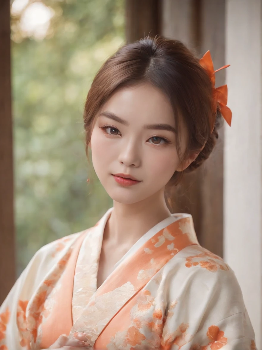 20 year old woman with Japan kimono、Wearing orange cat and light makeup on the chest、Perfect facial features、dual、Super beauty、A detailed face、Detailed 、