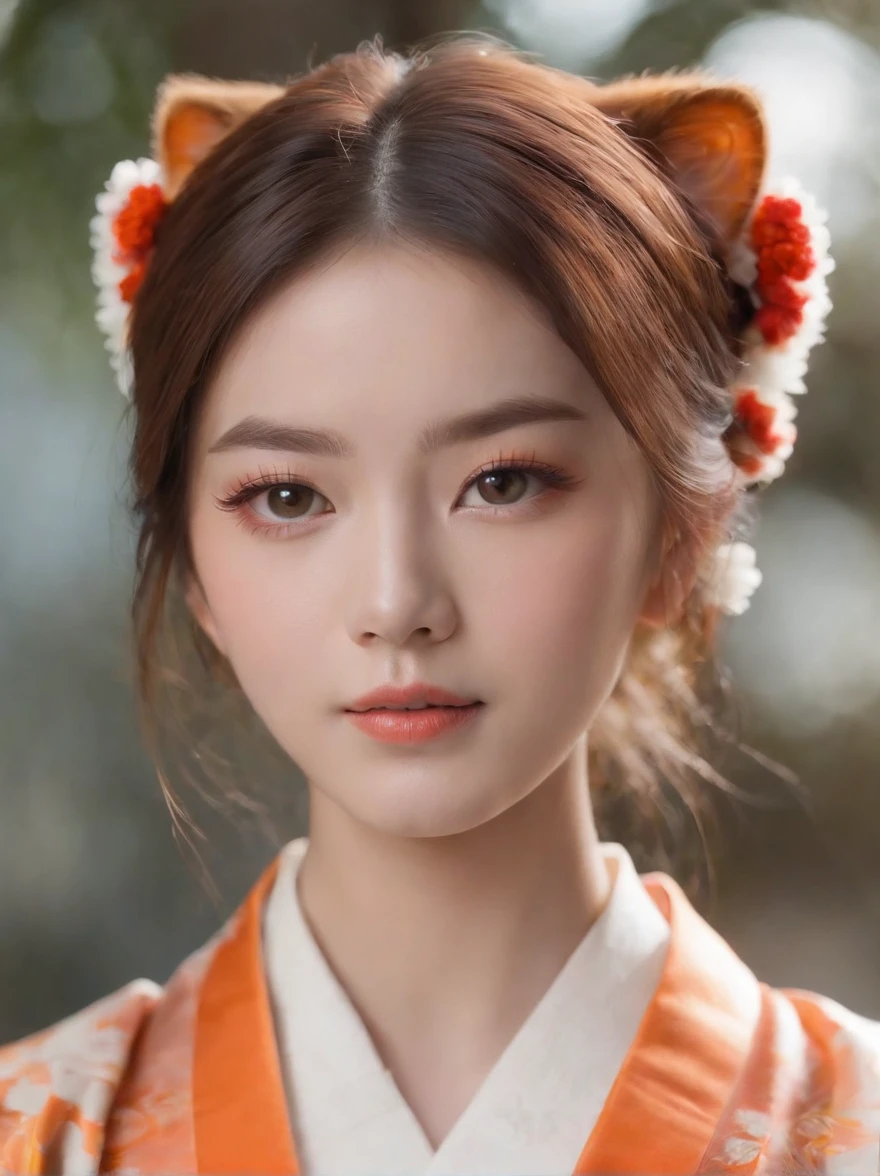 20 year old woman with Japan kimono、Wearing orange cat and light makeup on the chest、Perfect facial features、dual、Super beauty、A detailed face、Detailed 、