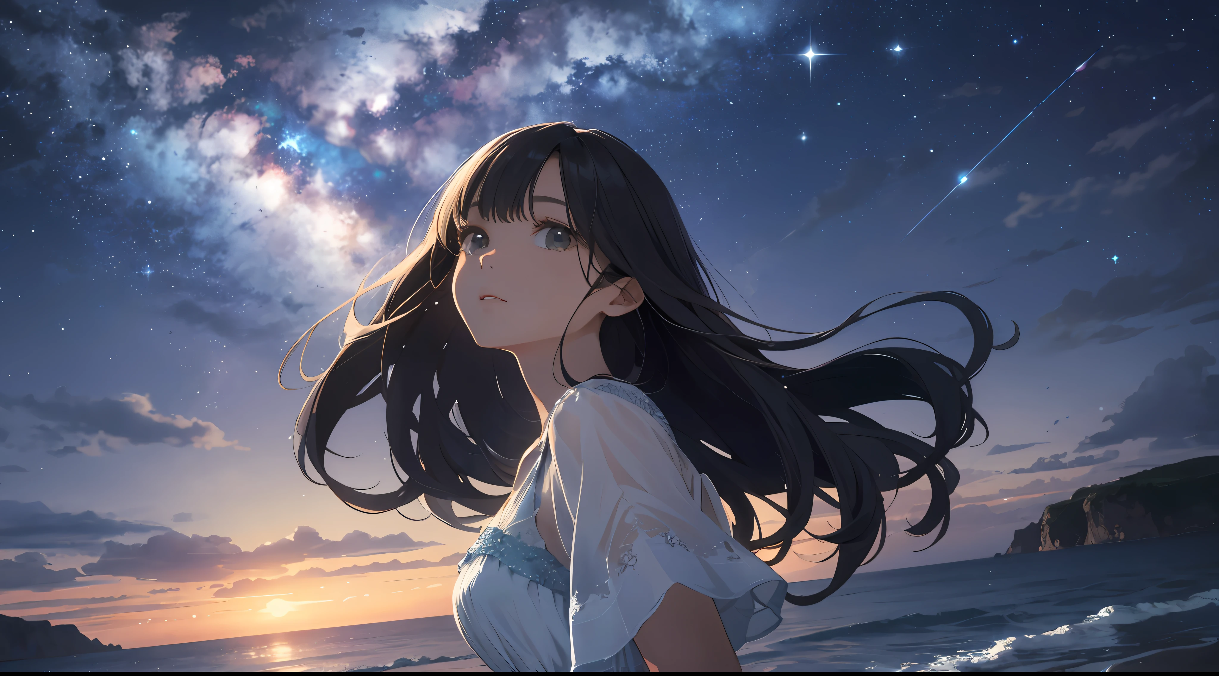 (Best Quality: 1.5), (Super Detail: 1.5), (Best Quality Photo: 1.5), ocean as far as the eye can see, full of stars, meteor shower, horizon, midnight, midnight, scenic, beautiful landscape, galaxy, nebula, light particles, very delicate and beautiful, very detailed, cinematic light, mysterious, cinematic angle, 8k resolution, elegant, perfect, smooth, beautiful girl looking up to the heavens diagonally, very cute, sad expression, hair fluttering in the wind,