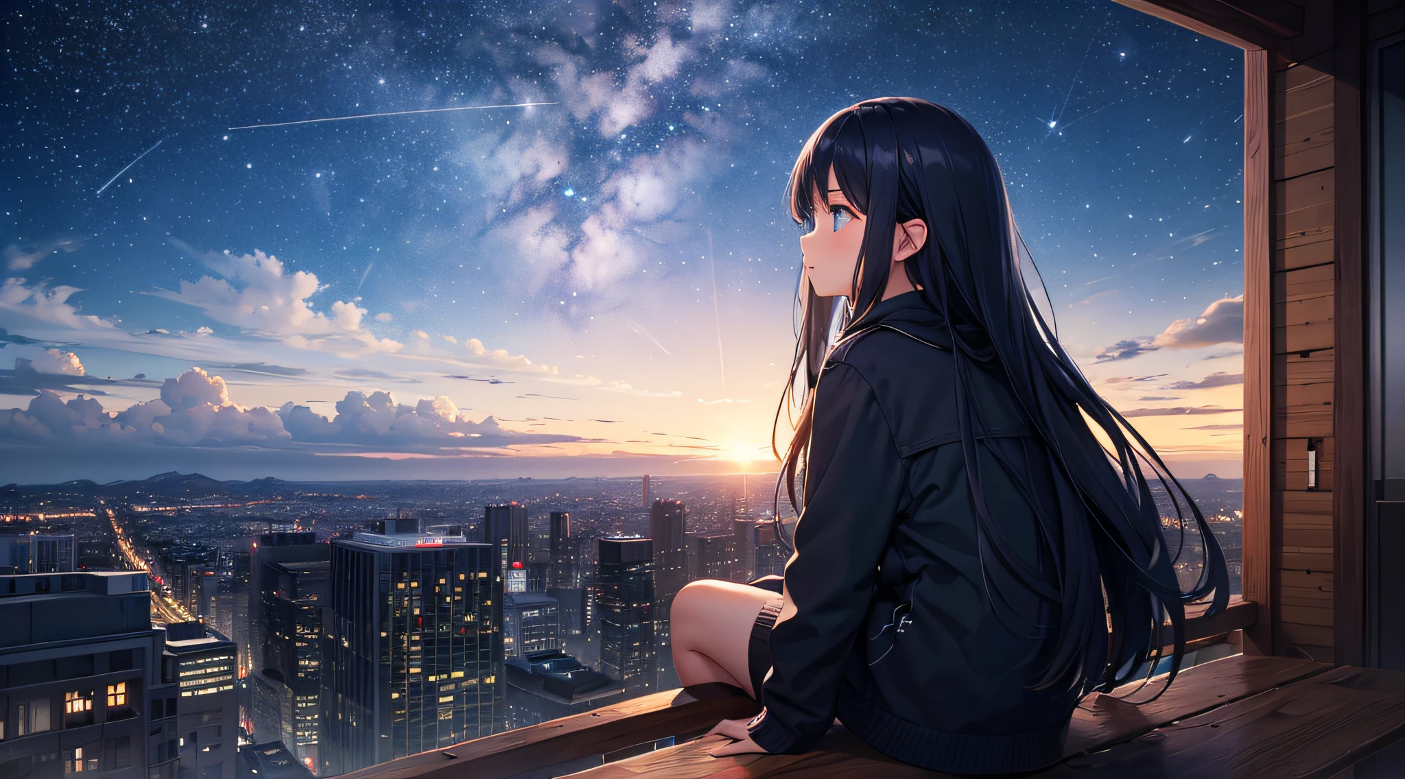 octans, sky, star (sky), scenery, starry sky, night, 1girl, night sky, solo, outdoors, building, cloud, milky way, sitting, tree, long hair, city, silhouette, cityscape