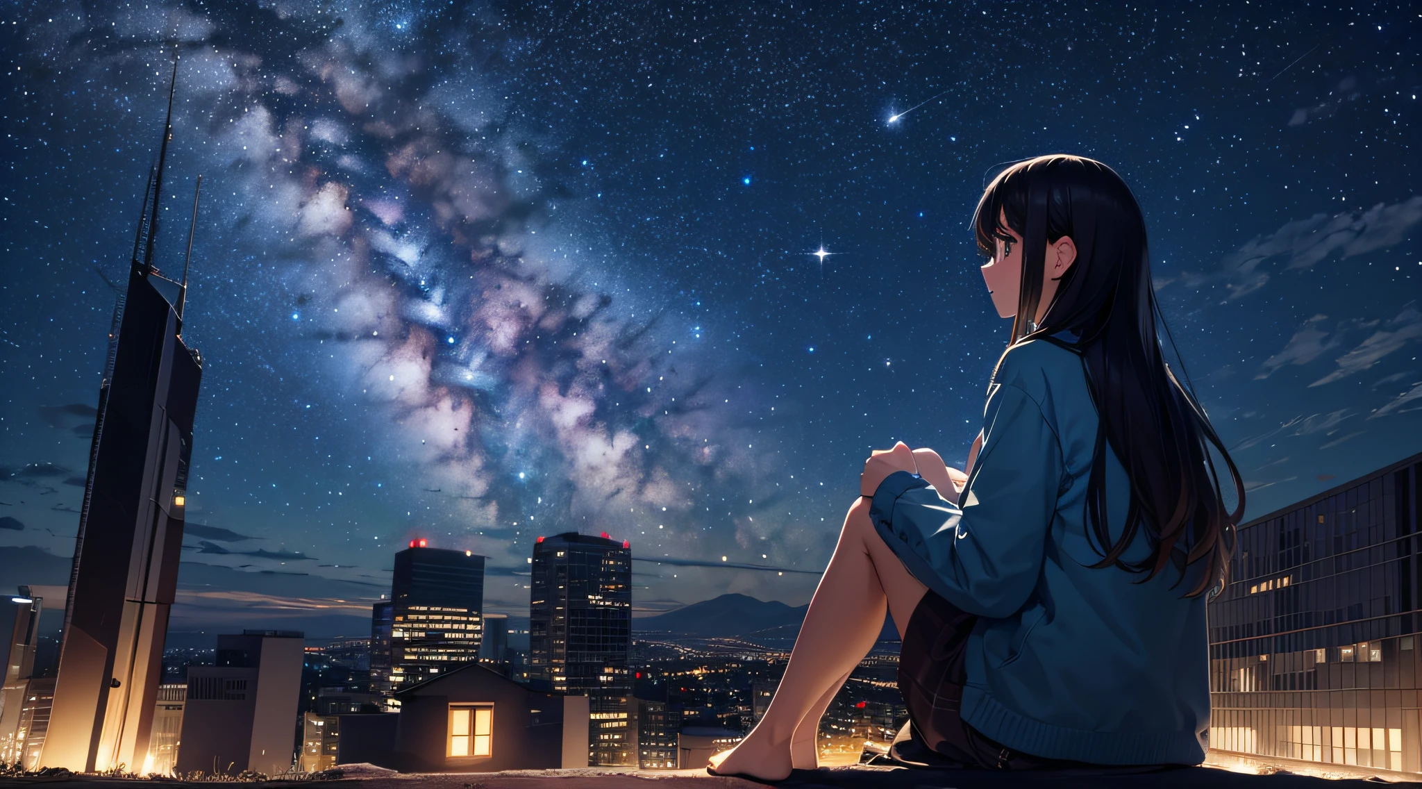 octans, sky, star (sky), scenery, starry sky, night, 1girl, night sky, solo, outdoors, building, cloud, milky way, sitting, tree, long hair, city, silhouette, cityscape
