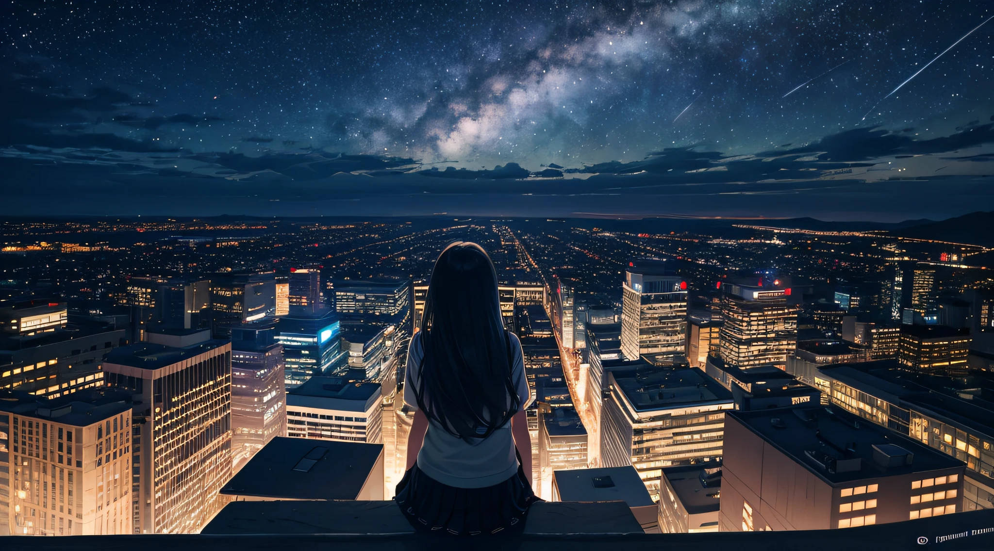 null, star, landscape, starry null, night, girl, night null, alone, Outdoor, sign, building, cloud, milky way, Sitting, wood, Long Hair, city, silhouette, cityscape、Pink Full Moon