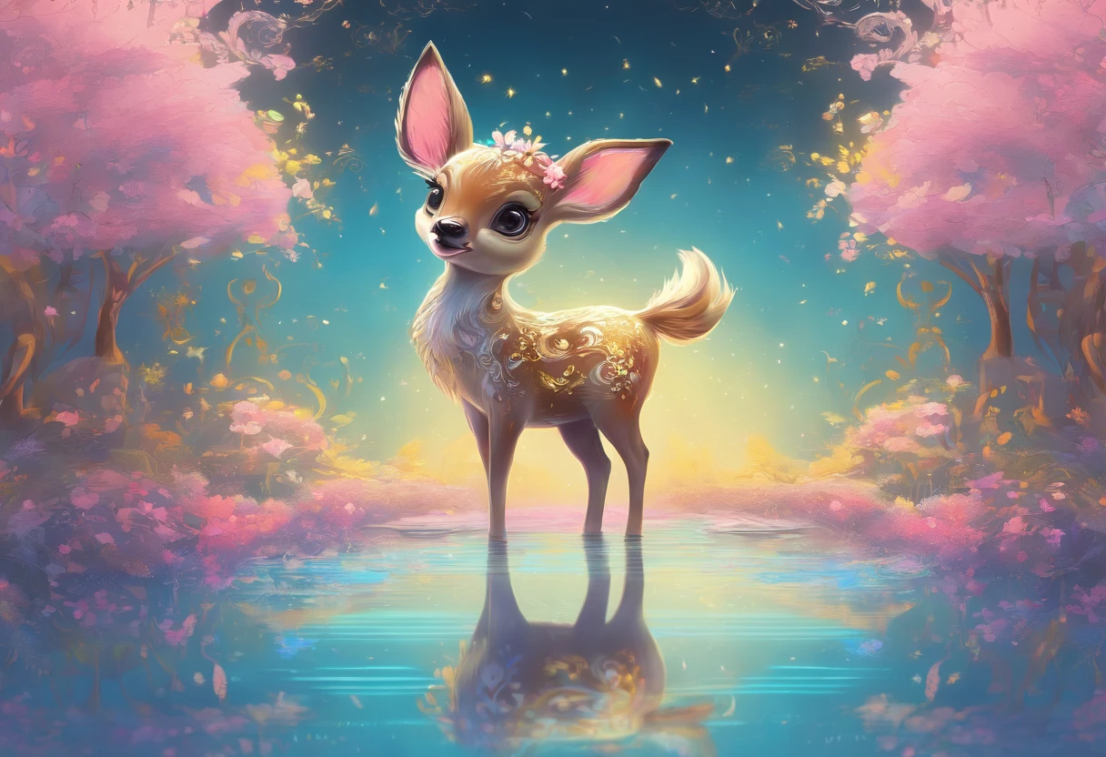 Masterpiece, best quality, 8k, high detail, hyper-detail, a cute fawn, light blue with holographic ornate designs, light pink and gold tetradic colors, approaching perfection