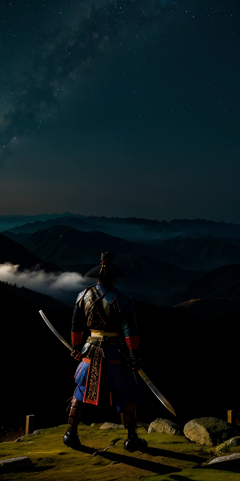 The samurai holds a katana, Starry skies and mist shroud the landscape