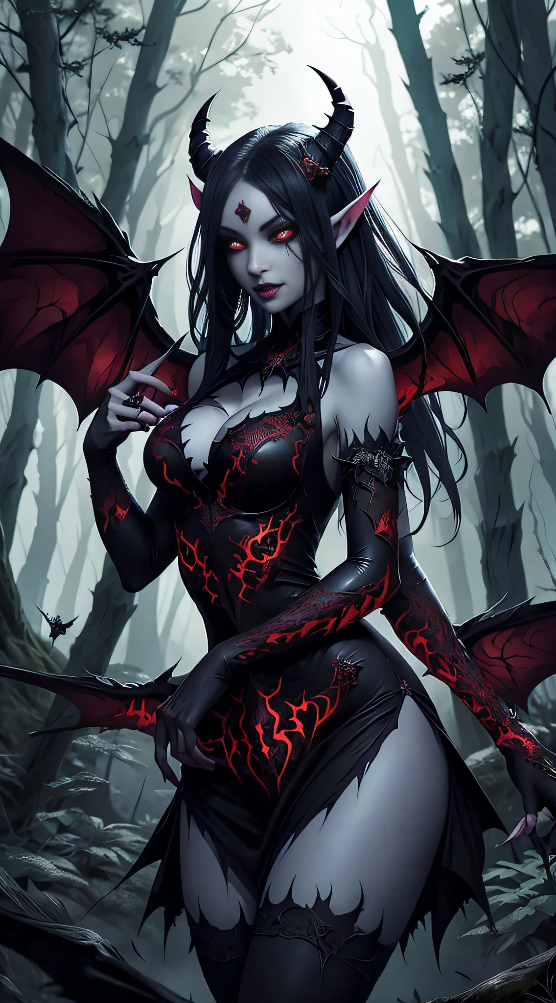 anime girl with horns and blood dress in a dark forest, beautiful succubus, demon anime girl, beautiful elegant demon queen, demon girl, dark fantasy style art, succubus in tight short dress, succubus | medieval, succubus, infernal nymph, infernal nymph!!!, dark fantasy art, lilith, detailed digital anime art, gothic maiden anime girl