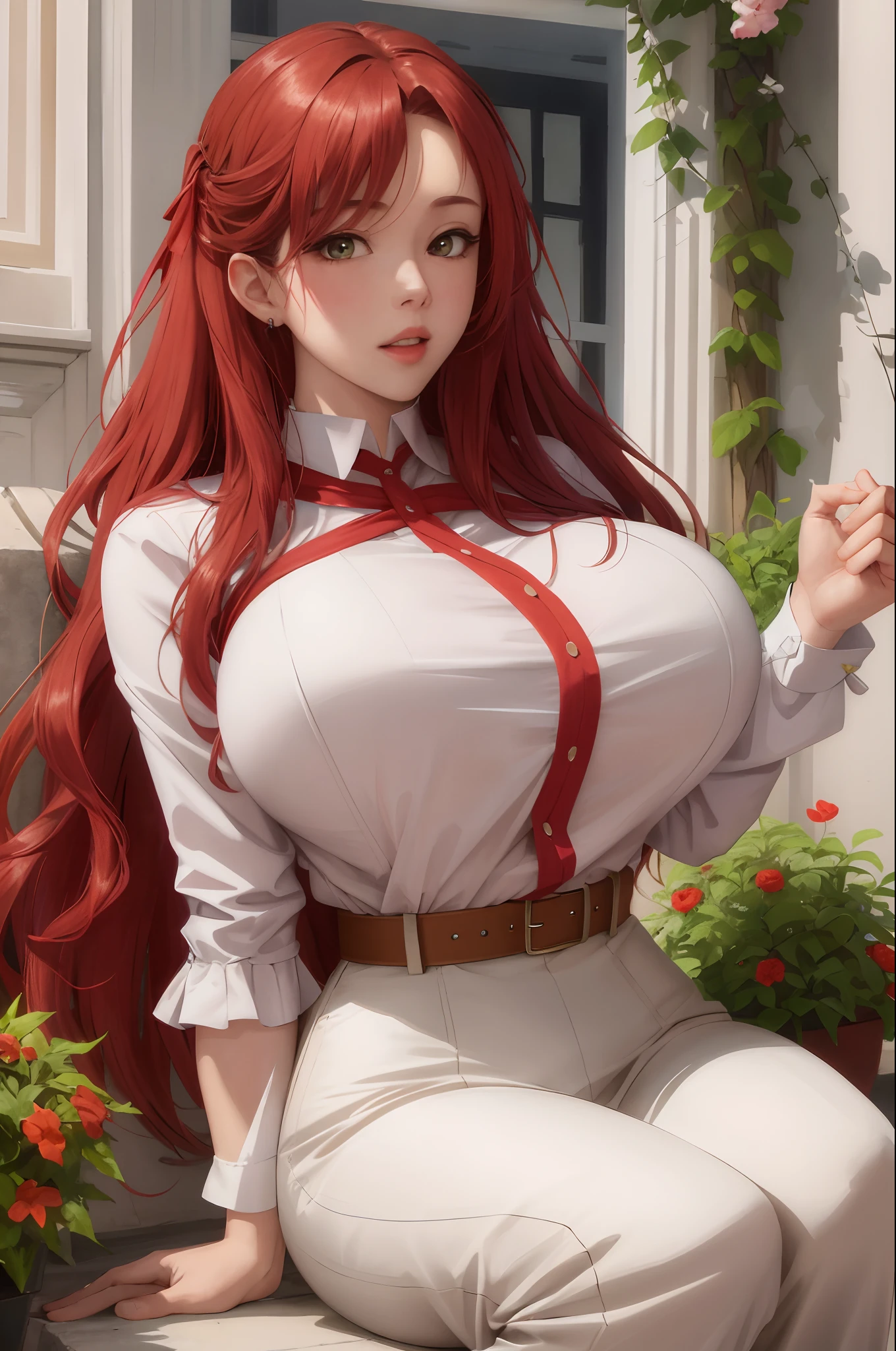 Asuna Yuuki,(masterpiece:1.2, best quality), realistic, (real picture, intricate details, depth of field), (1girl, solo), make up, parted lips, highly-detailed, perfect face,
(huge breasts:1.4), (skindentation), thick thighs, wide hips, small waist, tall, glossy coral lips,
orange hairs, brown casual outfit, small garden,