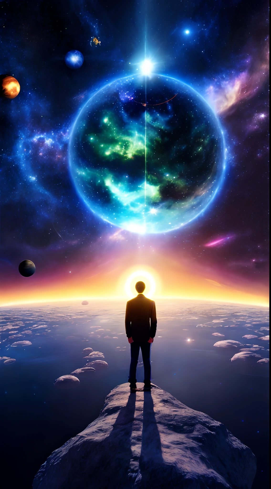 A man stands in front of a space full of planets, Your mind is thinking about eternity, Consciousness projection, The face melts in the universe, they reach into his mind, The rise of consciousness, Raise awareness, Mind exploration, The pull of consciousness, Infinite consciousness, cosmic enlightenment, On the starlight plane ) ) ), Existence across dimensions, Distributed awareness