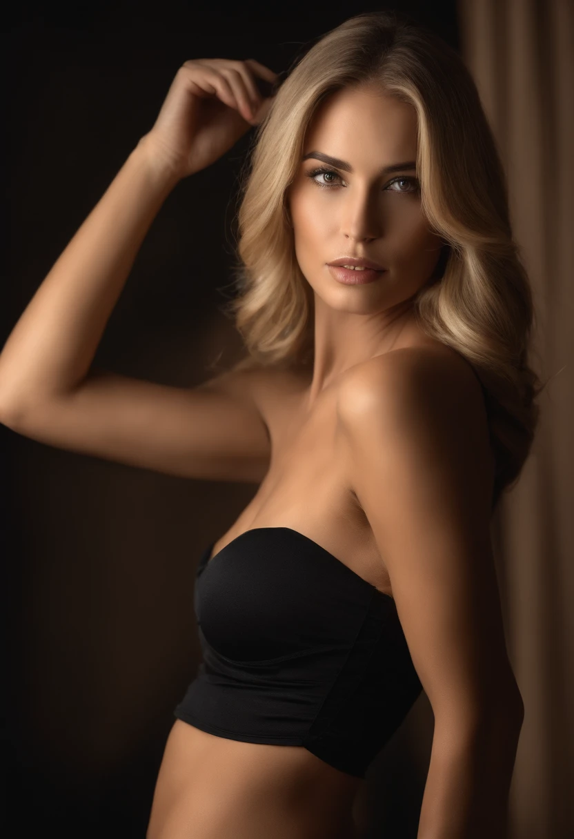 Blonde woman in black bra top posing for a photo in a studio, mulher loira bonita, mulher loira, Blonde and attractive features, loira mulher jovem bonita, menina loira bonita, uma loira linda, Menina sexy com cabelo loiro longo, mulher loira nova, longos cabelos loiros e olhos grandes, modelo feminino bonito, cabelos loiros e olhos grandes, sorrindo, sentada na cama, calcinha preta pequena