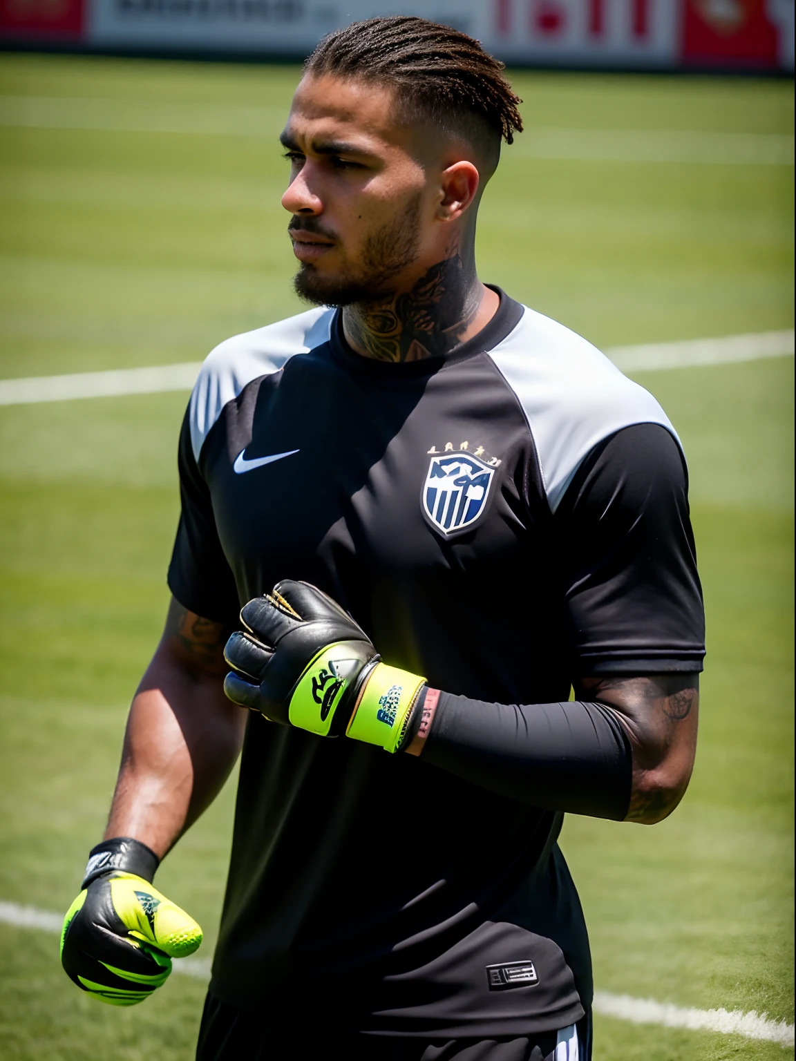Homem Soccer Player Goalkeeper with tattoos, goalkeeper glove on his hand, Photo during the game on the field, in Botafogo