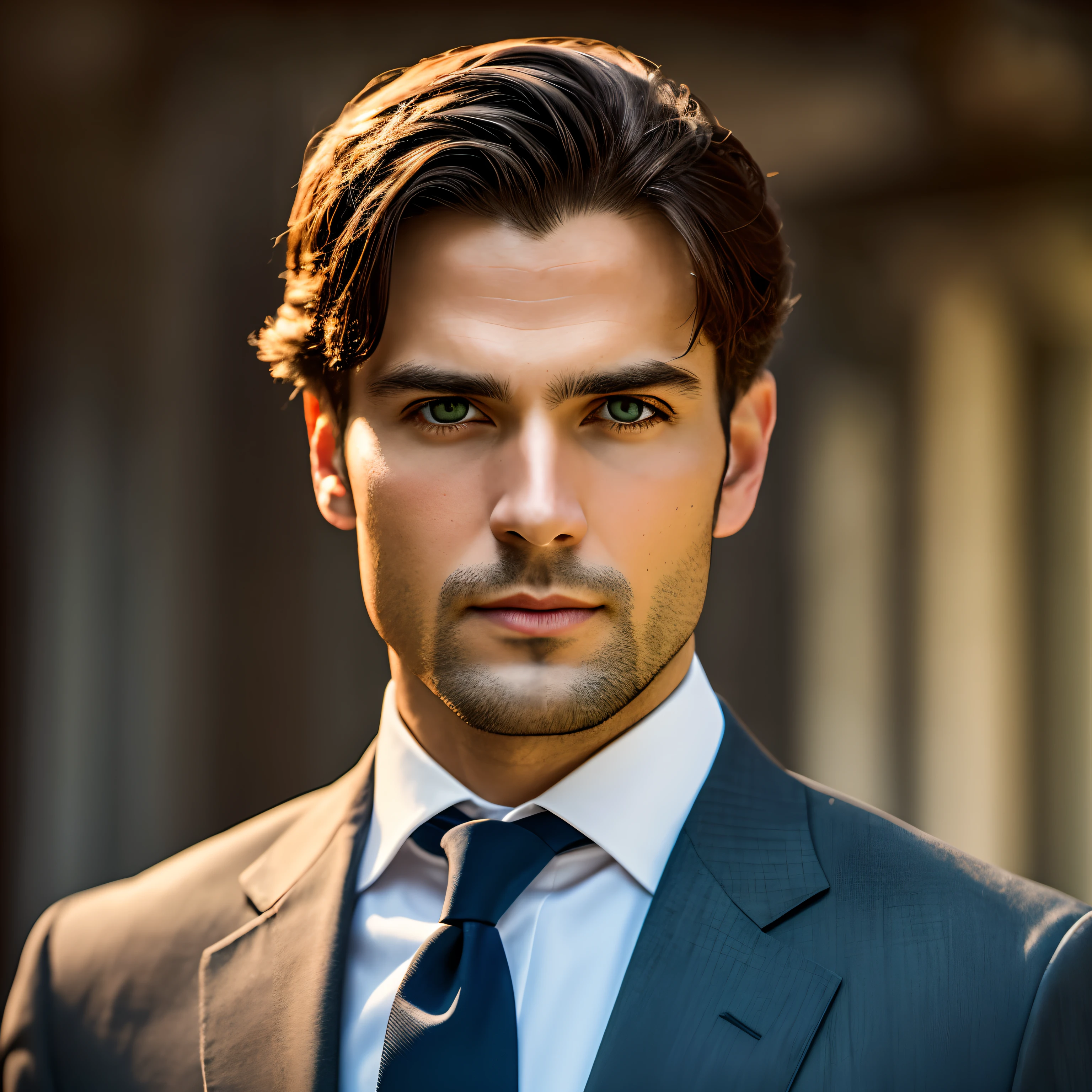 a Man standing with 30 years in suit and tie, body and head straight in the photo, DSRL, facing the viewer of the photo, eyes fixed to the lens, appears shoulders and head in the photo, man centered in the photo, 8k, best quality, masterpiece, realistic, realistic photo, movie photo, ultra realistic, 1 person, detailed, Perfect lighting, DSRL, professional photo, 9.16 resolution, near backdrop and nidan flag, 4k