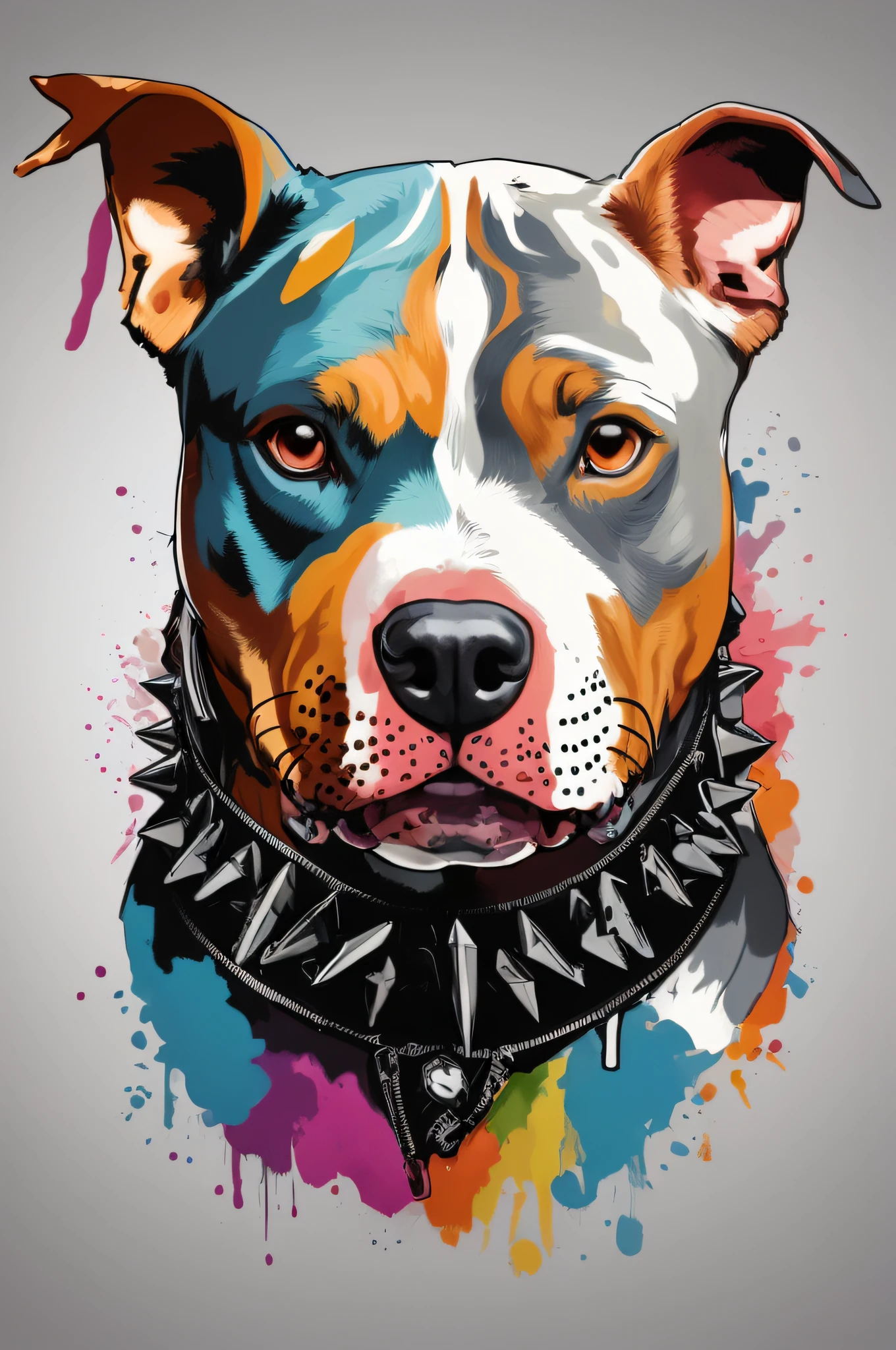 creates a very realistic multicolor vector image of the face of a pitbull dog with a terrifying face with a spike collar in his neck
