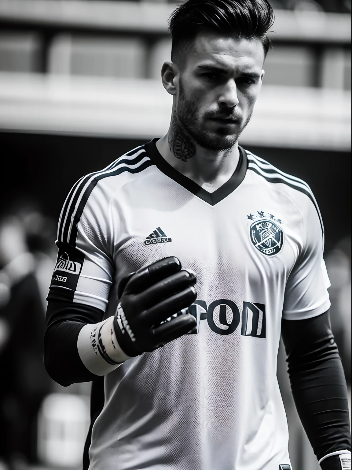 Homem Soccer Player Goalkeeper with tattoos, goalkeeper glove on his hand, Photo during the game on the field, in ajax