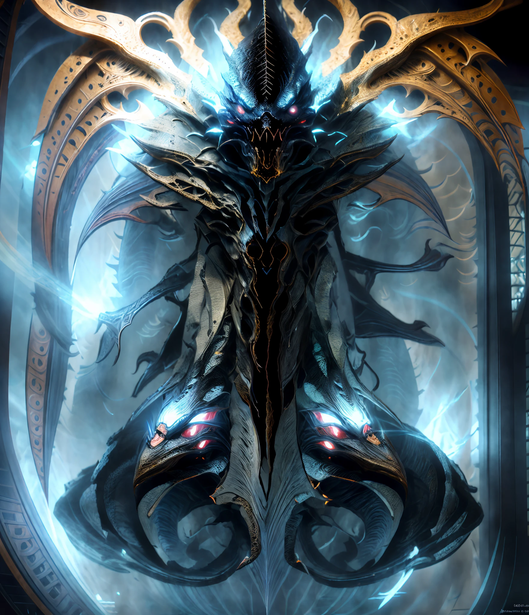 a drawing of a creature with a long tail and a large head, arte infestada de warframe, symmetric concept art, arte conceitual demon soul, Arte conceitual escura de alto contraste, arte do personagem da criatura conceitual, arte conceitual warframe, fanart warframe de alta qualidade, demon noble character design, cosmic horror entity with wings, fanart detalhada do warframe