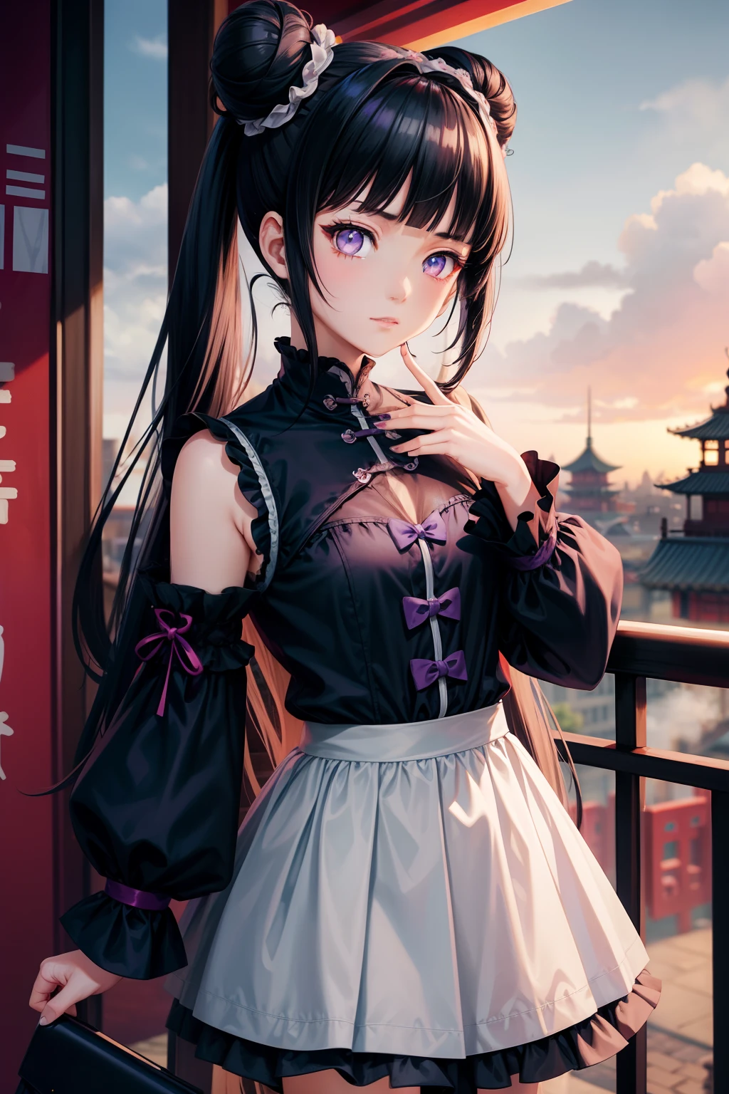 Gothic lolita、a miniskirt、chinese clothes、A dark blue-haired、Bun head、Futomo、Sleeved、Sleeveless、Eye Highlights、​masterpiece、top-quality、top-quality、Beautifully Aesthetic:1.2)、(1girl in:1.3)、looking at the viewers、Chinatown、​​clouds、Blunt Bangs、Throat and face, purple eyes