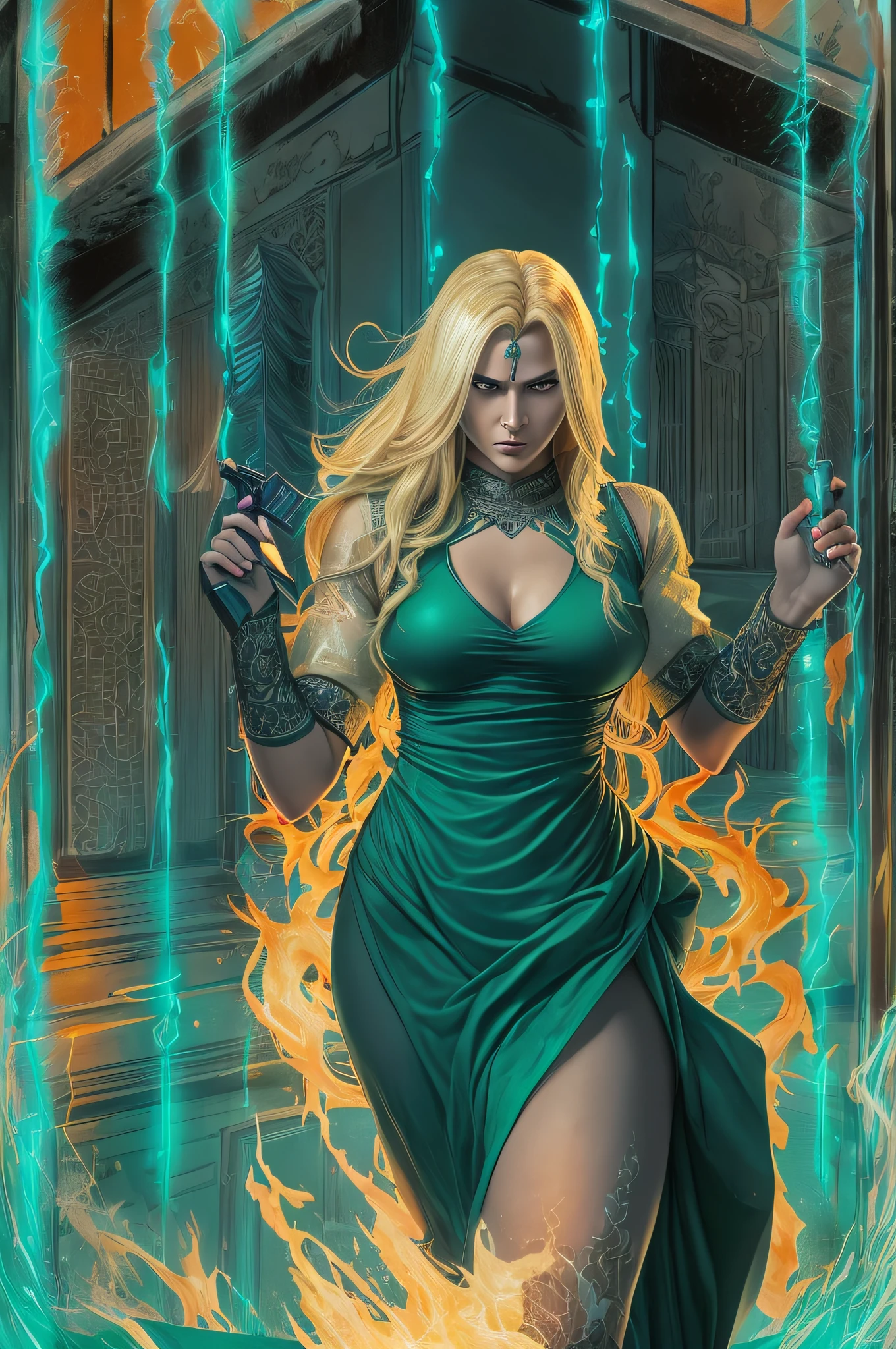 A photorealistic image, a blond-haired woman with, big knockers, a serious face, killer face, wrath, hate, and angry expression, and bruised face wearing an ice-blue deep-cut tron dress, long hair, evil-smiling, hairy (long hair), wears clothes based on crime identity such as a black shalwar kameez.