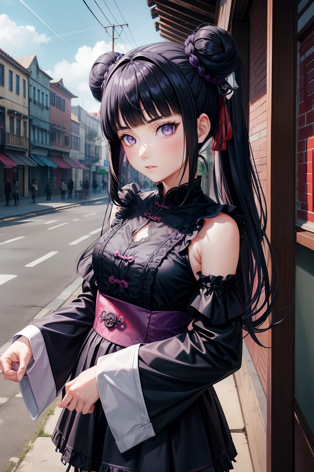 Gothic lolita、a miniskirt、chinese clothes、A dark blue-haired、Bun head、Futomo、Sleeved、Sleeveless、Eye Highlights、masterpiece、top-quality、top-quality、Beautifully Aesthetic:1.2)、(1girl in:1.3)、looking at the viewers、Chinatown、clouds、Blunt Bangs、Throat and face, purple eyes