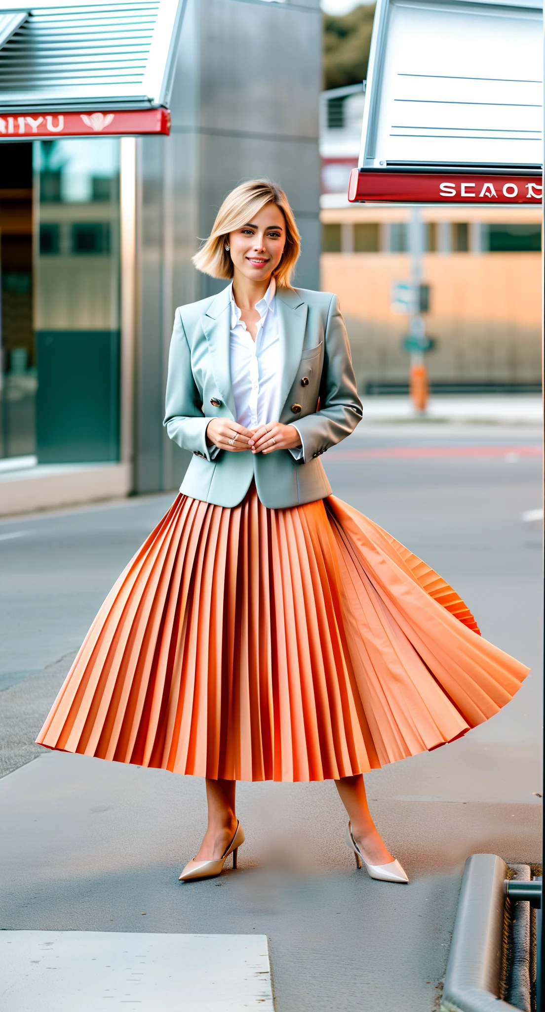 very (seductive:1,9) smiling attractive lesbian woman wearing short blazer and very very detailed (long (fully pleated) full circle skirt) and (simple) low heeled office shoes, very very intricate hyper-detailed symmetric (attractive graceful young feminine face) with (sad, tired eyes and a shy smile), large breasts, full of empathy and compassion and love, (pronounced (feminine) features), (highly detailed ultra accurate realistic) hands and fingers, (windy conditions and wind blowing), epic composition, highly detailed attributes, highly detailed atmosphere, (35mm f1.4 Kodak portra 400 photograph), extremely high quality RAW photograph,