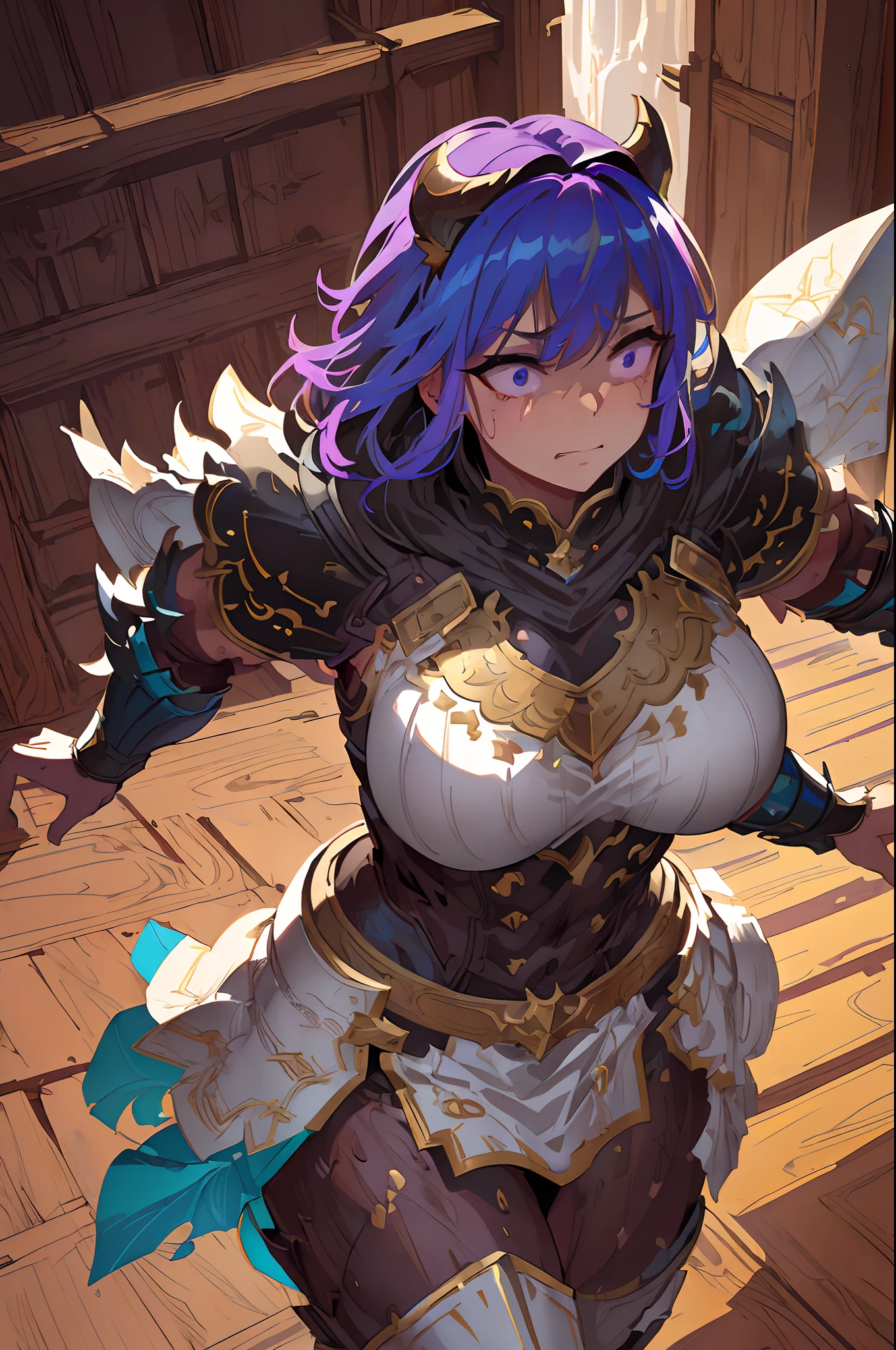 Beautiful woman, medium breasts, lavender hair, violet eyes, Dragon Armor, Dragon helmet, running from a forest fire, oil painting, detailed brush strokes, high contrast, vibrant colors, dramatic lighting, fantasy genre. (best quality, 8k, realistic:1.37), (forest fire), (Dragon Armor:1.1), (Dragon helmet:1.1), (running), (lavender hair), (violet eyes), (medium breasts), (oil painting), (detailed brush strokes), (high contrast), (vibrant colors), (dramatic lighting), (fantasy genre), (Henti genre), (portrait style), (dynamic composition), (intense atmosphere), (heroic pose), (leaping movement), [soft pastels], [subdued tones], [gentle lighting], [dreamy atmosphere], (Golden Dragon Knight).