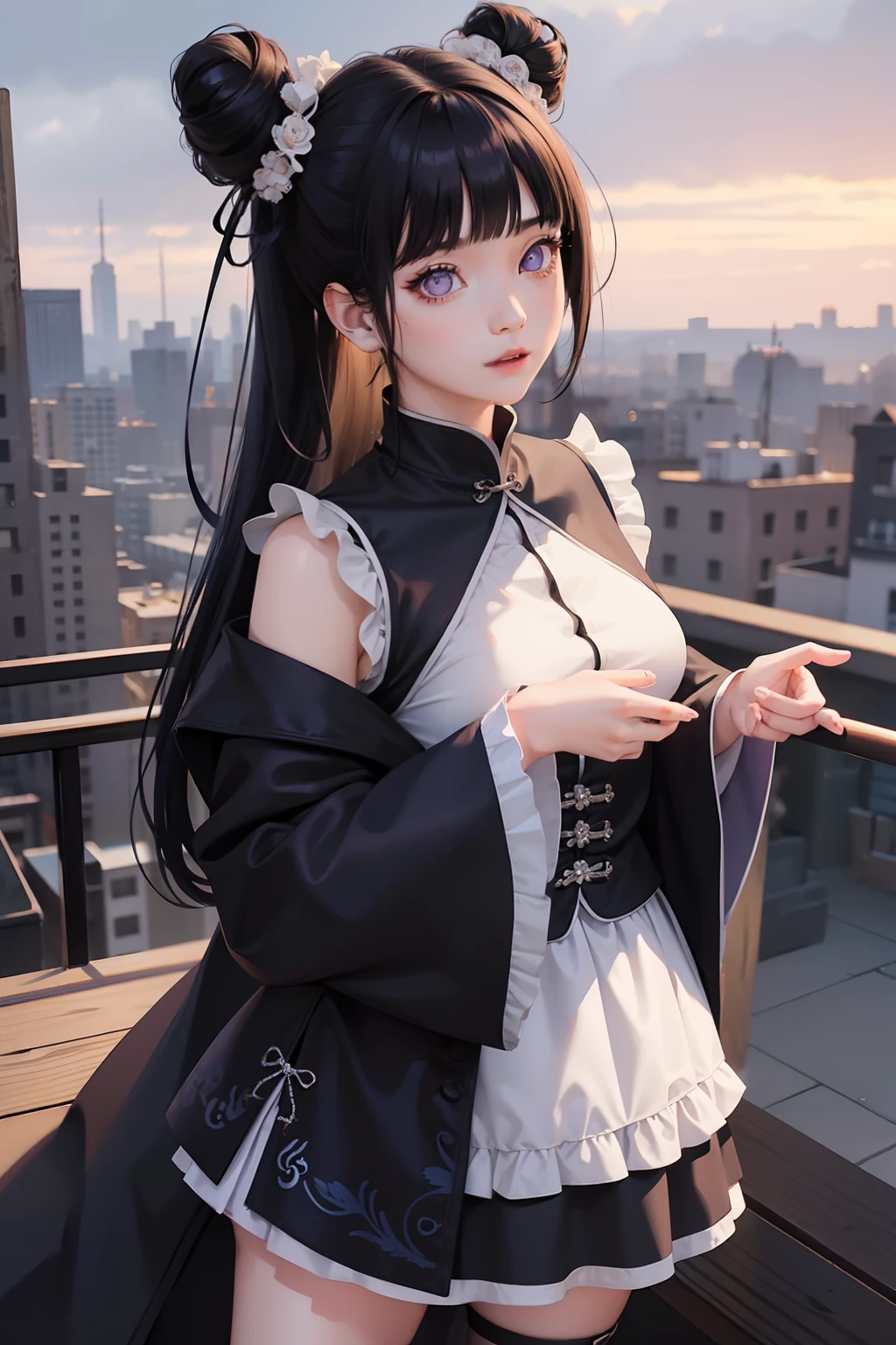 Gothic ta、a miniskirt、chinese clothes、A dark blue-haired、Bun head、Futomo、Sleeved、Sleeveless、Eye Highlights、masterpiece、top-quality、top-quality、Beautifully Aesthetic:1.2)、(1girl in:1.3)、looking at the viewers、Chinatown、clouds、Blunt Bangs、Throat and face, purple eyes