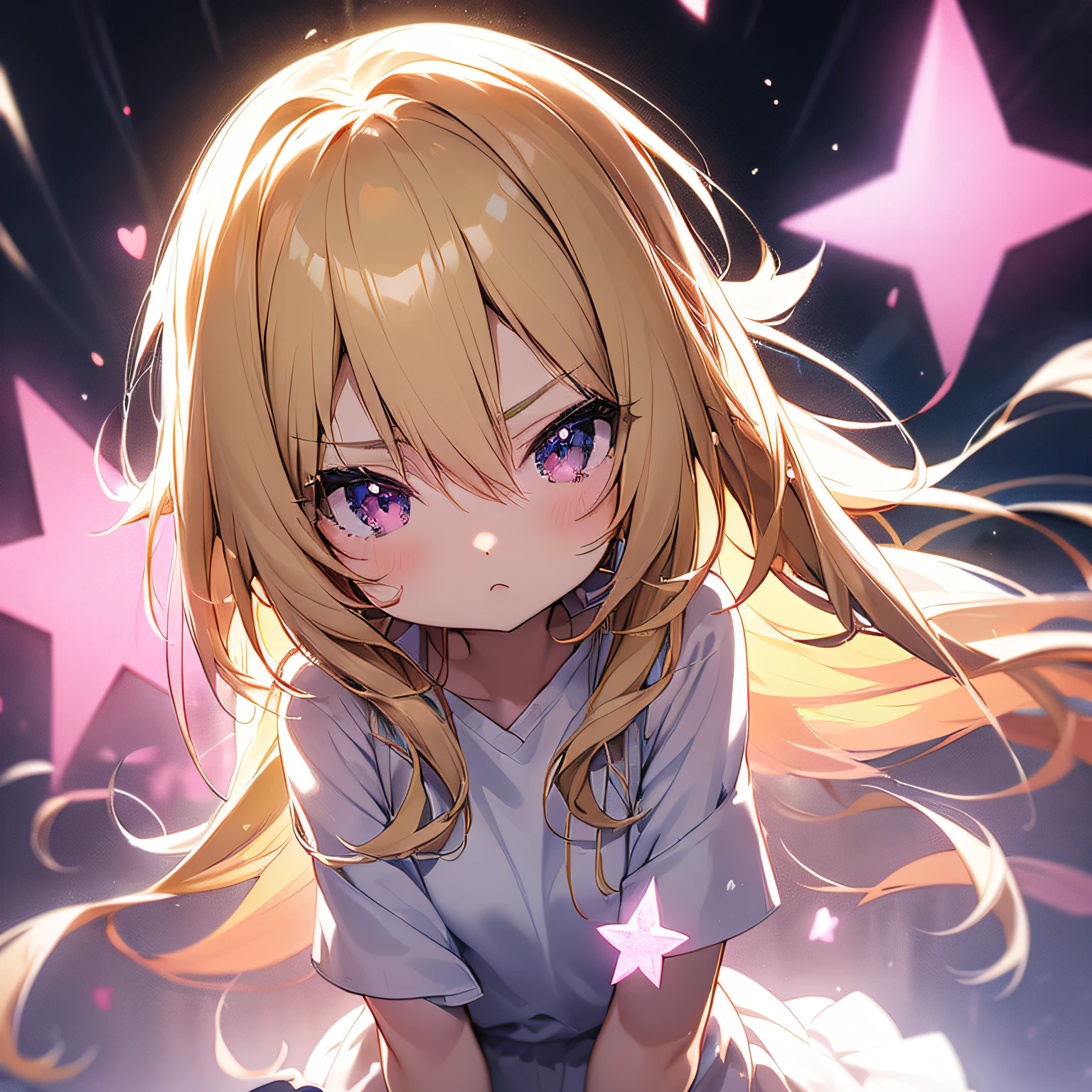 anime girl, blonde hair, Pink delicate eyes, higly detailed, pink hairpins, Y2K sweatshirt, white skirt, stocklings, Tulfi, Serious face, pupils in the form of stars,