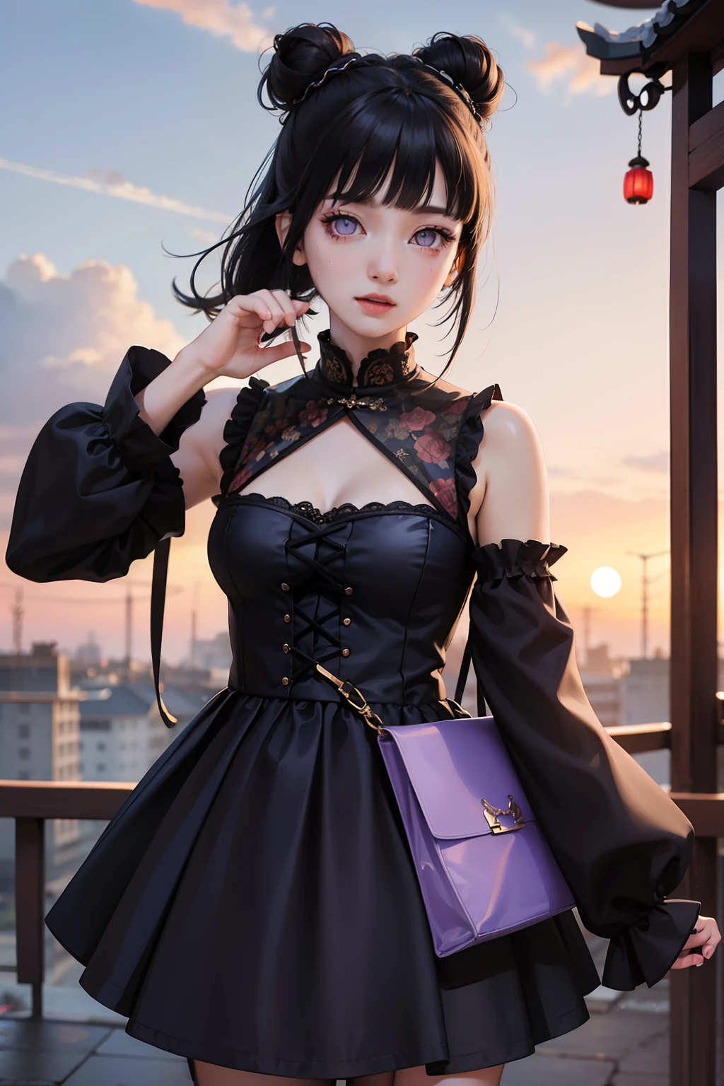 Gothic ta、a miniskirt、chinese clothes、A dark blue-haired、Bun head、Futomo、Sleeved、Sleeveless、Eye Highlights、masterpiece、top-quality、top-quality、Beautifully Aesthetic:1.2)、(1girl in:1.3)、looking at the viewers、Chinatown、clouds、Blunt Bangs、Throat and face, purple eyes