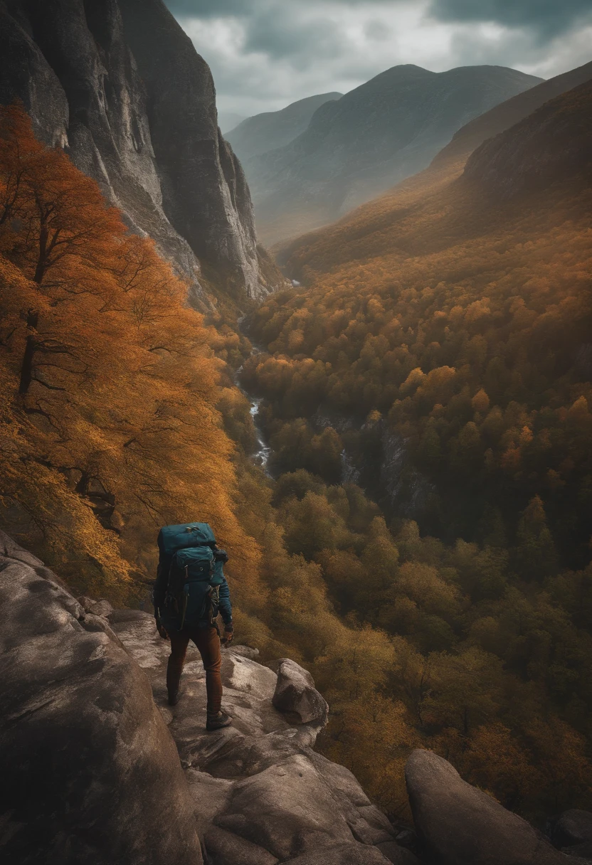 A fearless adventurer exploring a breathtaking natural landscape, armed with a backpack and a camera, hight quality, High graphics, balanced colour grading, fantasy, hyperrealistic,