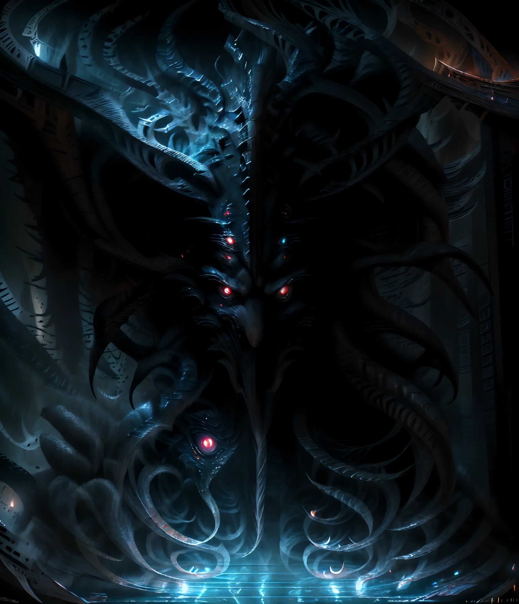 A black and white photo of a demonic creature with several wing-shaped eyes and a face of a monster in the middle of the bust, arte conceitual demon soul, rsrs, demon noble character design, Arte conceitual escura de alto contraste, symmetric concept art, fanart detalhada do Warframe, fanart warframe de alta qualidade, conceito de corpo inteiro, simetria!! arte conceitual, Arte infestada de Warframes, hiper contraste bem desenhado, Fanart Warframe requintada, escala de cinza