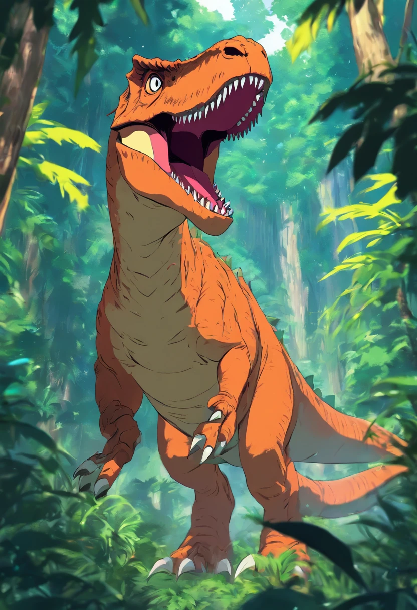 kid illustration,tyranosaurus rex in a jungle,thick lines, vivid color,