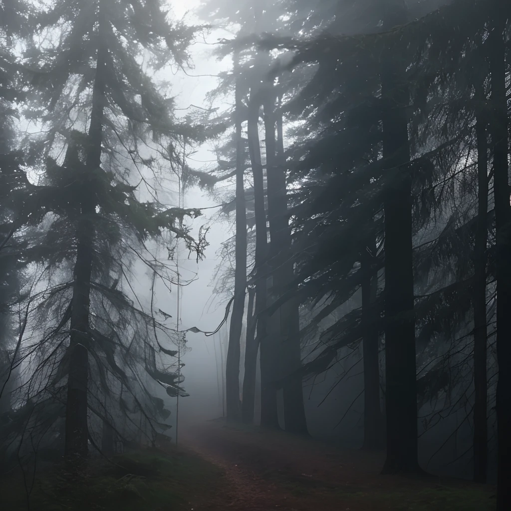 Horror, dark forest, black forest, fog, horror forest, dead trees, dying old grass, The Forgotten Trail, Crooked path in the forest, Gloomy Shadows, Light breaks through the branches of dry trees, Old spruce trees are hidden by clouds of fog