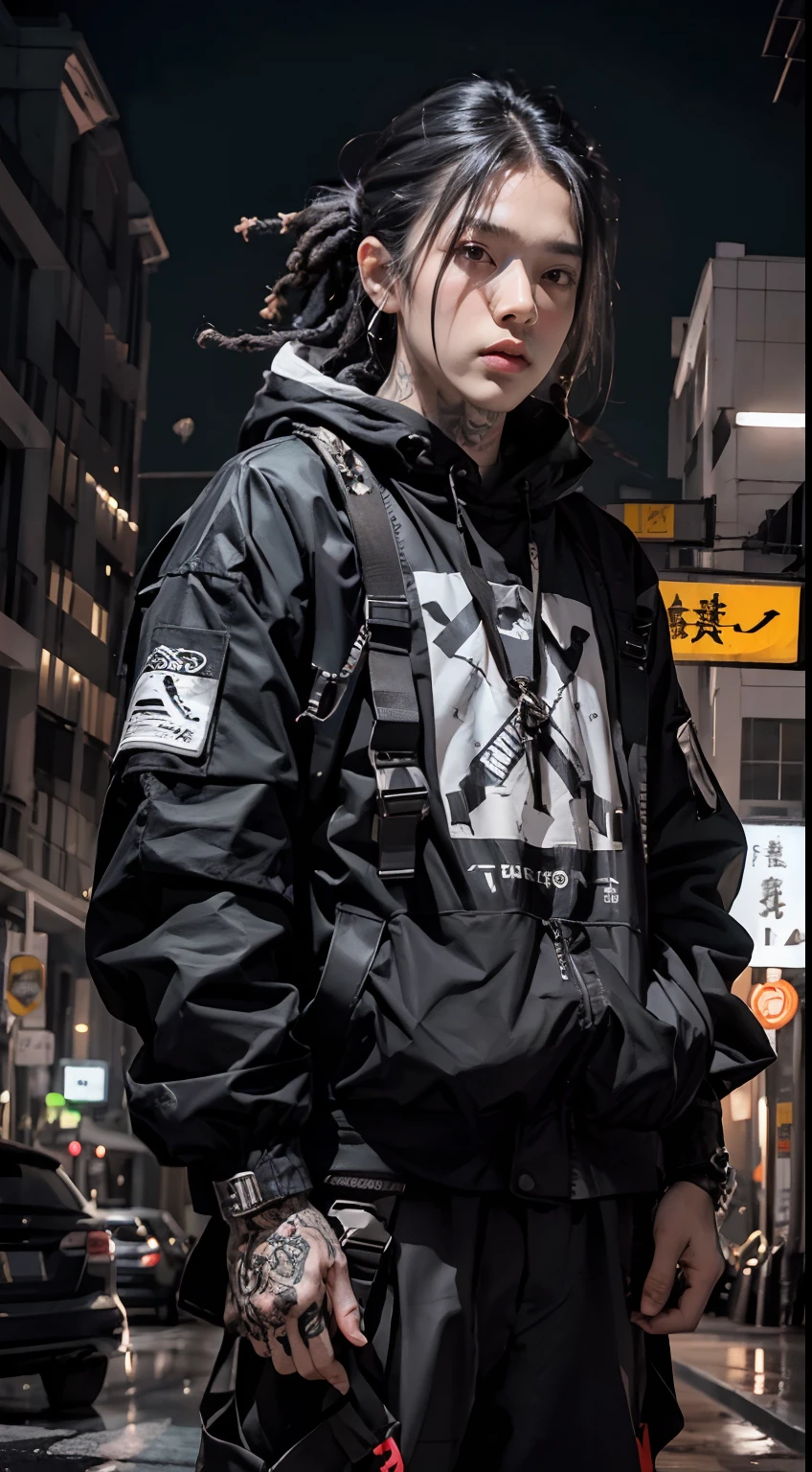 (品质最佳, 巨作)OriginalPhotographs,Fisheyes(rapper with dread hair, tattooed,mechanic arms)techwear jacket,Hood,scrolls,black, neon and white clothes,Very detailed,Cinematic,Glow,ultrasharp,Particle