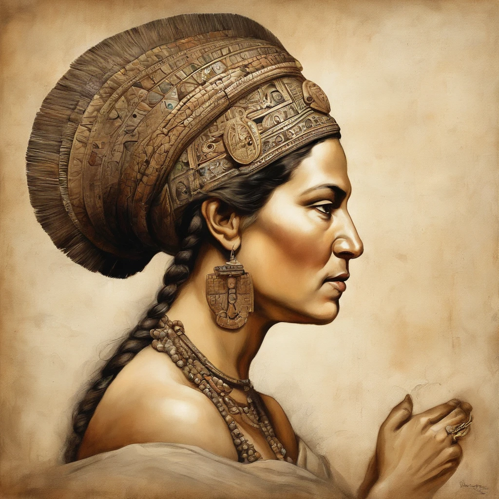 side view, corpo inteiro, 600 B.C. uma mulher, spiritual leader of the Mesoamerican civilization of Teotihuacan, adornada com pinturas corporais, necklace and headdress typical of its people, She's angry, Reaching out in front, But there's no one in front of you, sem antecedentes, estilo de Jacques-Louis David.