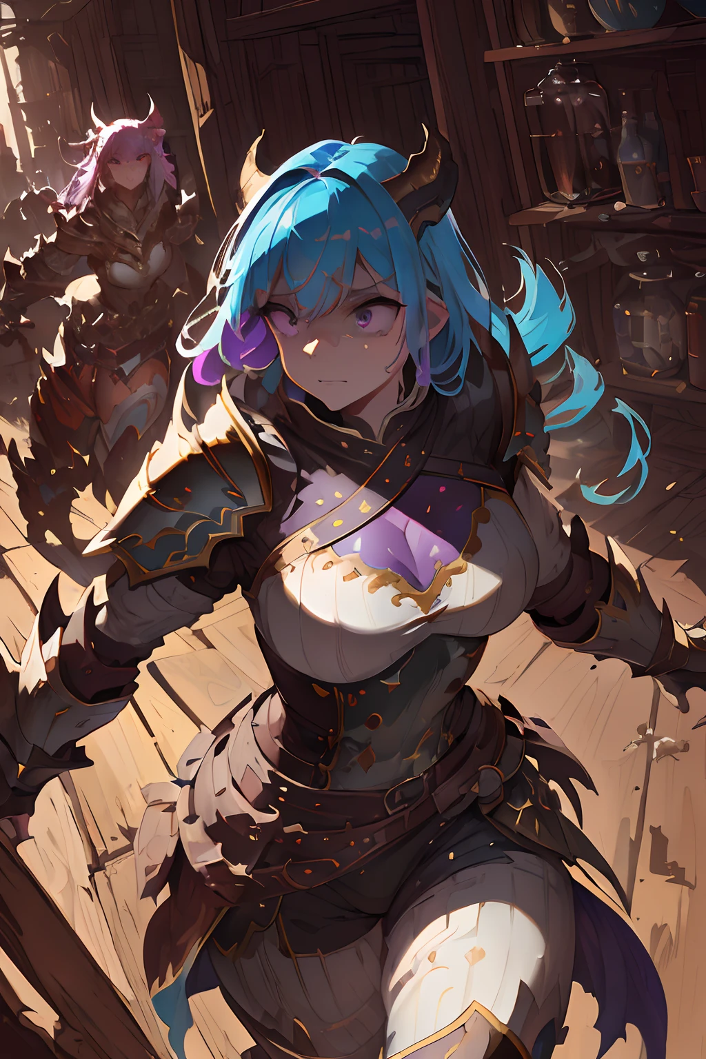 Beautiful woman, medium breasts, lavender hair, violet eyes, Dragon Armor, Dragon helmet, running from a forest fire, oil painting, detailed brush strokes, high contrast, vibrant colors, dramatic lighting, fantasy genre. (best quality, 8k, realistic:1.37), (forest fire), (Dragon Armor:1.1), (Dragon helmet:1.1), (running), (lavender hair), (violet eyes), (medium breasts), (oil painting), (detailed brush strokes), (high contrast), (vibrant colors), (dramatic lighting), (fantasy genre), (Henti genre), (portrait style), (dynamic composition), (intense atmosphere), (heroic pose), (leaping movement), [soft pastels], [subdued tones], [gentle lighting], [dreamy atmosphere], (Golden Dragon Knight).