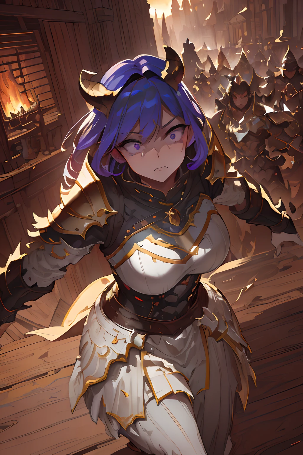 Beautiful woman, medium breasts, lavender hair, violet eyes, Dragon Armor, Dragon helmet, running from a forest fire, oil painting, detailed brush strokes, high contrast, vibrant colors, dramatic lighting, fantasy genre. (best quality, 8k, realistic:1.37), (forest fire), (Dragon Armor:1.1), (Dragon helmet:1.1), (running), (lavender hair), (violet eyes), (medium breasts), (oil painting), (detailed brush strokes), (high contrast), (vibrant colors), (dramatic lighting), (fantasy genre), (Henti genre), (portrait style), (dynamic composition), (intense atmosphere), (heroic pose), (leaping movement), [soft pastels], [subdued tones], [gentle lighting], [dreamy atmosphere], (Golden Dragon Knight).