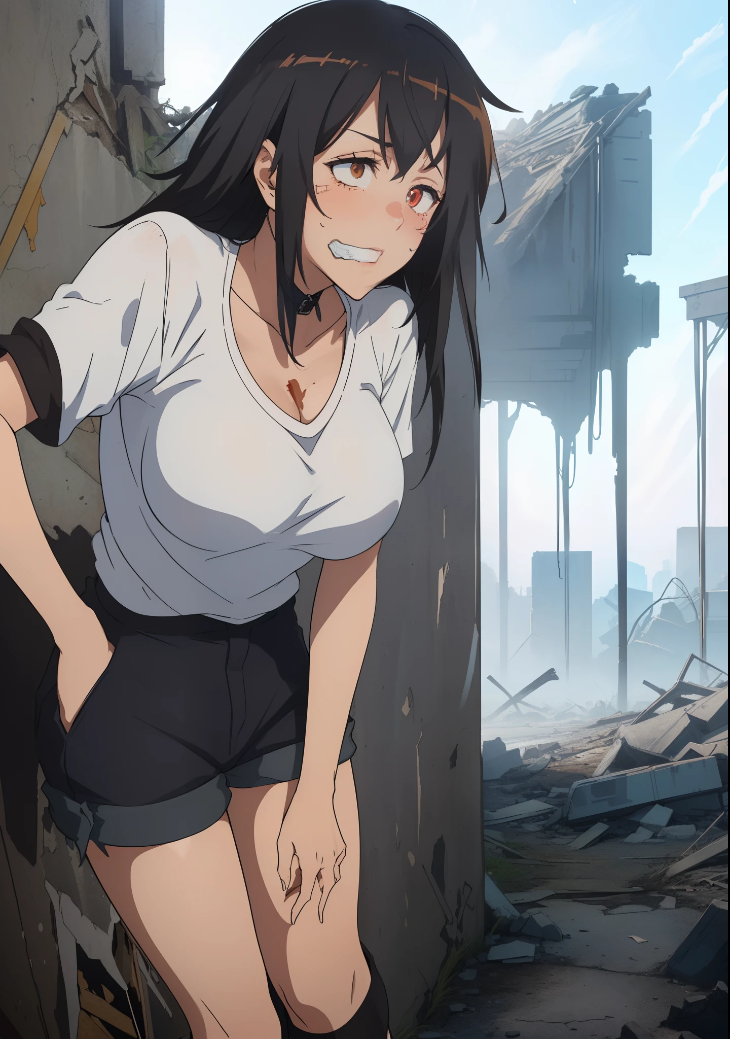 (black hair), (((8K,2 thousand.))),(tmasterpiece))), (((beste-Qualit))), (Ultra-detailed) ((highly detailed CG illustration)),( ConceptArt) , , (tmasterpiece:1.2), (beste-Qualit:1.3), (One backstory, whitebackground: 1.3),(((CHARACTERS OF THE POST-APOCALYPTIC WORLD OF THE WASTELAND))), (((Prehistory of the post-apocalyptic wasteland))),(((In a ruined city))),((((hid around the corner)))) ,((((The eyes are drawn in the style of manga)))), (( Manga-style eyes)), ((Looks to the side))), ( waist up portrait, ((Close angle)), ((ripped shorts)), (((white tshirt)) , ((Average Breasts)),red blush on his face)), (((frightened face))),(Mouth wave), ((Associated)), (Bondage), (((Bondage on the body)))